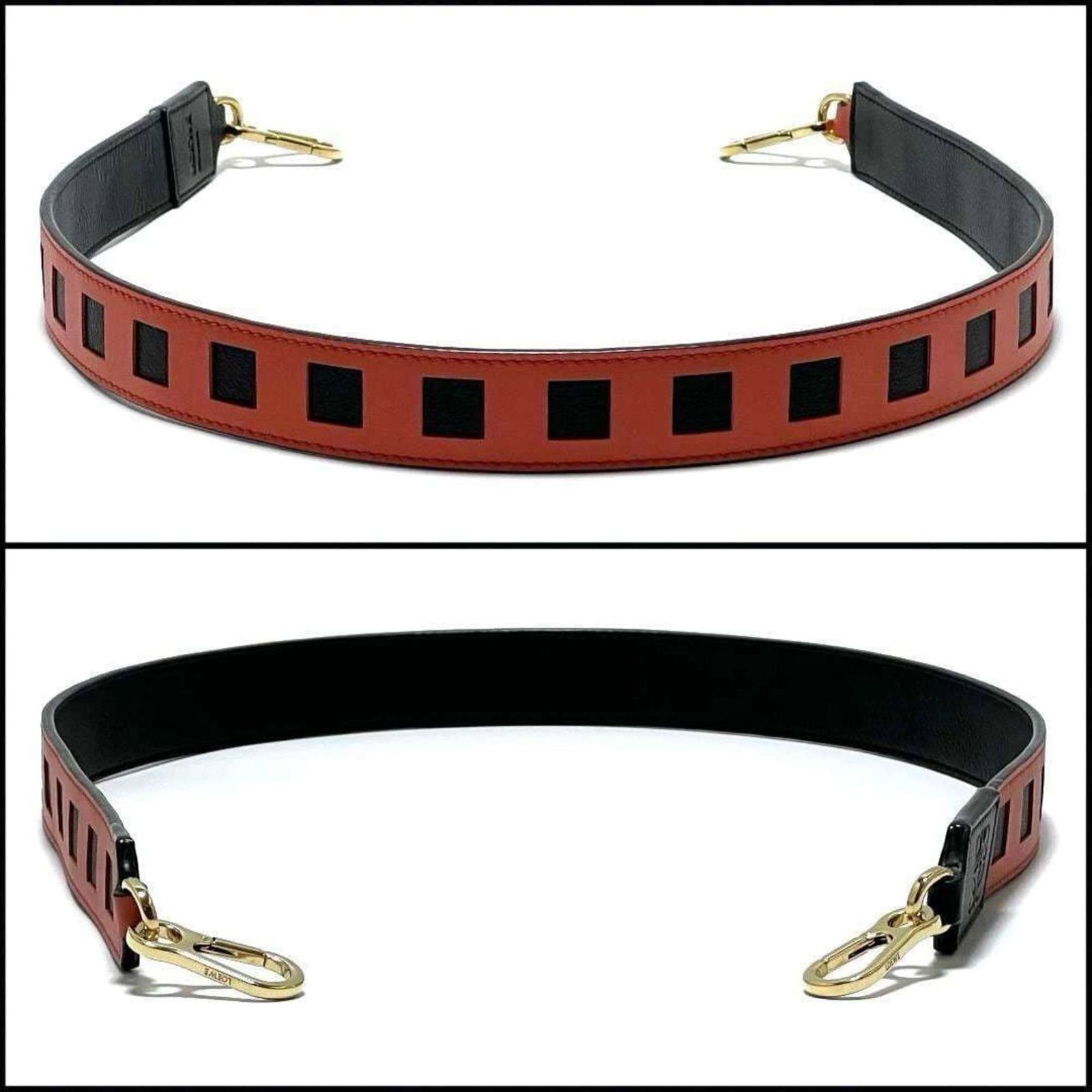 Metal Strap Leather Loewe: Metal Strap Leather Loewe Black and Orange Metal Strap Leather Loewe is a unique combination of materials and colors. The item features a black leather strap with an orange metal accent, adding a pop 