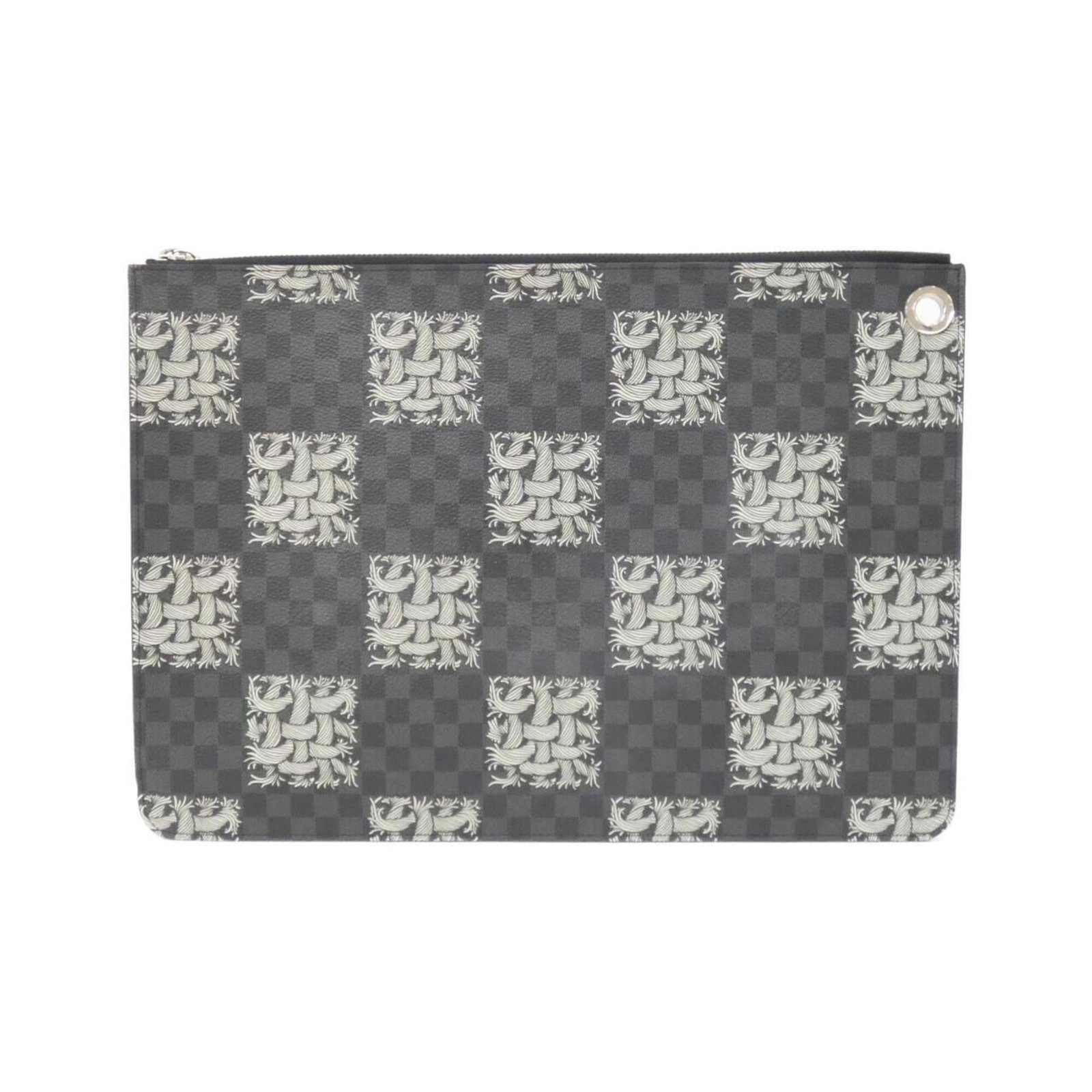 Handbag Pochette Coated Canvas Vuitton Louis: Handbag Pochette Coated Canvas Vuitton Louis Coated canvas construction and silver hardware add a touch of sophistication to this Graphite Graphite Louis Vuitton pochette, measuring 26cm x 37cm x