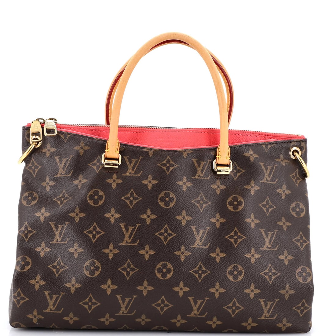 Tote Monogram Canvas with Leather Louis Vuitton: Tote Monogram Canvas with Leather Louis Vuitton Tote Monogram Canvas with Leather Louis Vuitton features a classic Pallas design with a brown canvas exterior and leather accents. The bag boasts a