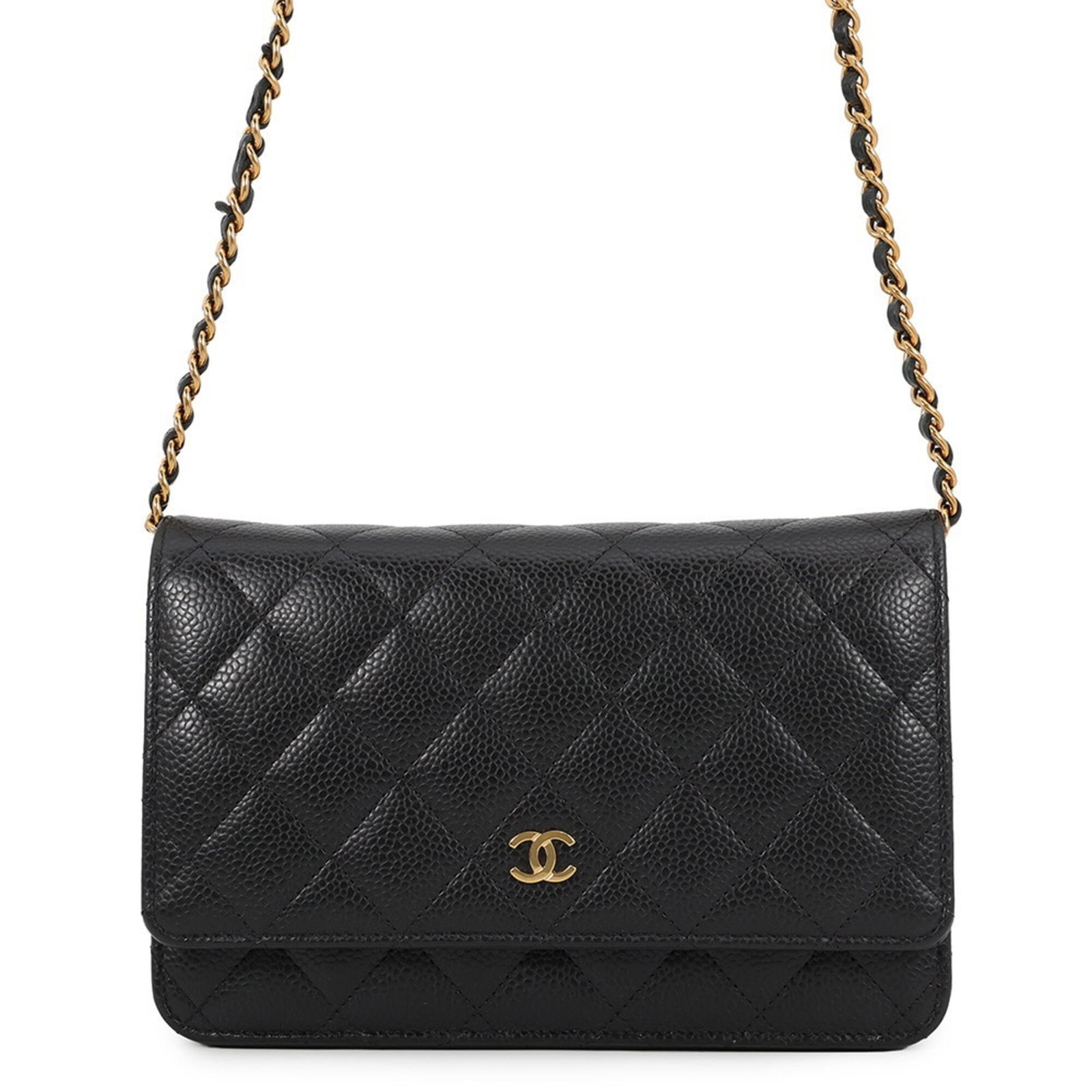 Chanel Chain/ Shoulder Wallet Grained Calfskin: Chanel Chain/ Shoulder Wallet Grained Calfskin Chain/Shoulder wallet in Grained Calfskin, a classic design from Chanel, features a sleek black finish and a structured shape that complements any