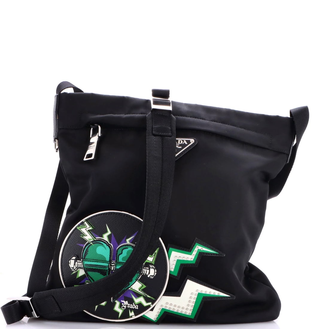 Messenger Bag Printed Tessuto Frankenstein Prada: Messenger Bag Printed Tessuto Frankenstein Prada Black Prada Frankenstein Messenger Bag with Tessuto Print, featuring a unique nylon exterior and interior, and silver hardware. This excellent conditio