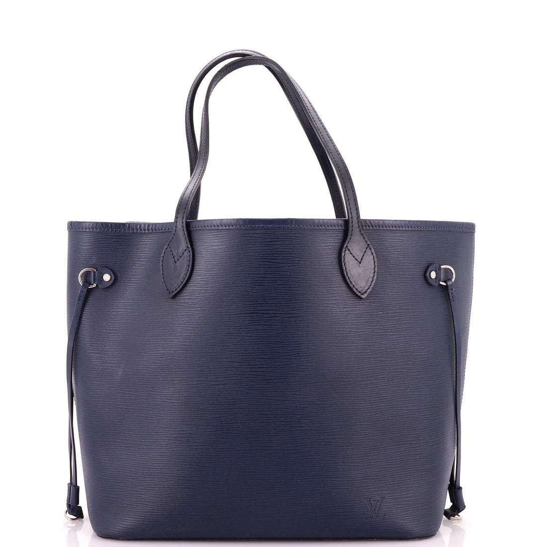 Louis Vuitton Neverfull Tote Epi Leather MM: Louis Vuitton Neverfull Tote Epi Leather MM Blue Louis Vuitton Neverfull Tote Epi Leather MM in fair condition, featuring a classic design with heavy corner wear, cracking, and scuffs. The exterior