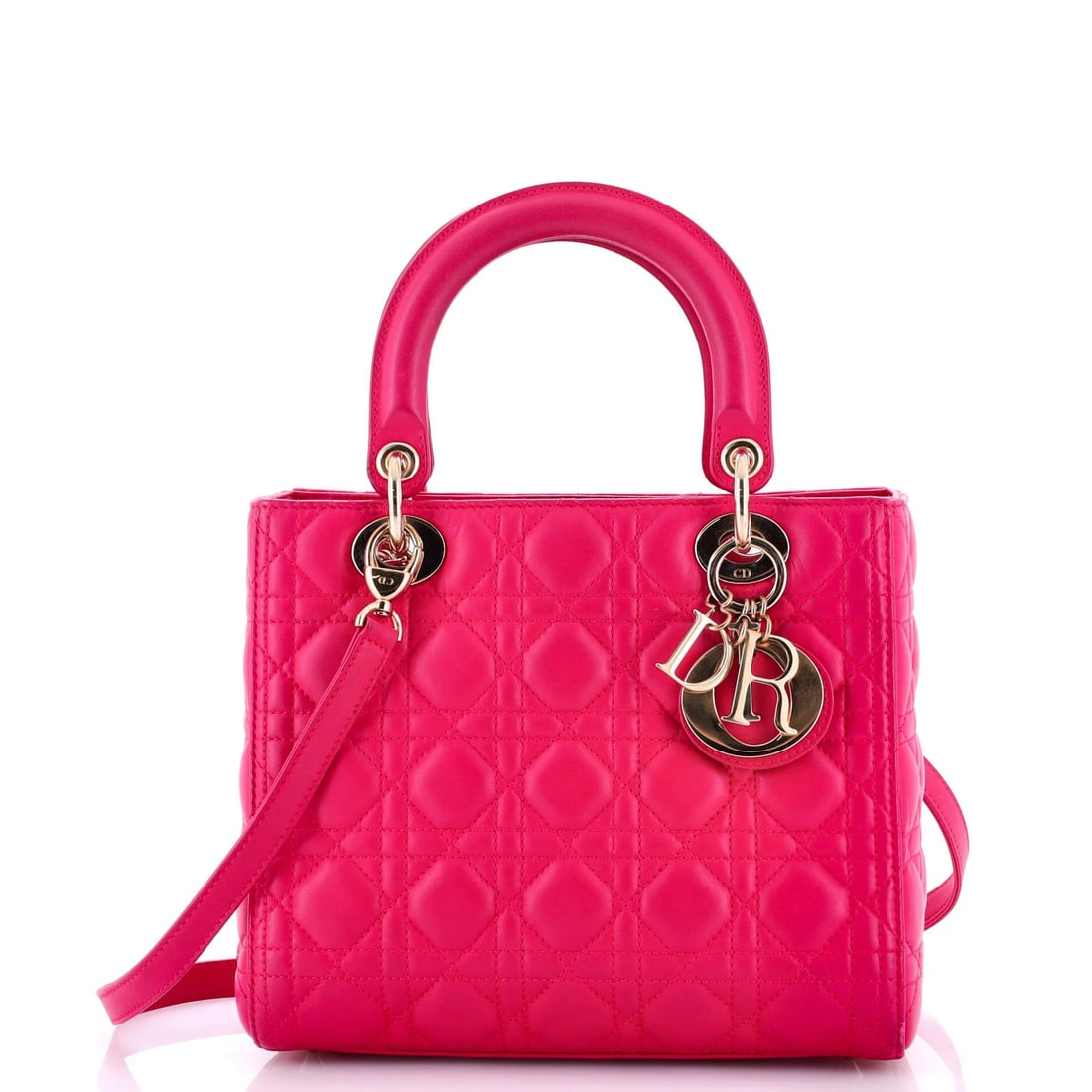 Lady Dior Bag Medium Quilt Lambskin Cannage Christian Dior: Lady Dior Bag Medium Quilt Lambskin Cannage Christian Dior Pink Lady Dior Bag Medium Quilt Lambskin Cannage features a classic design with a medium size, 5" handle drop, and 17.5" strap drop. The exte