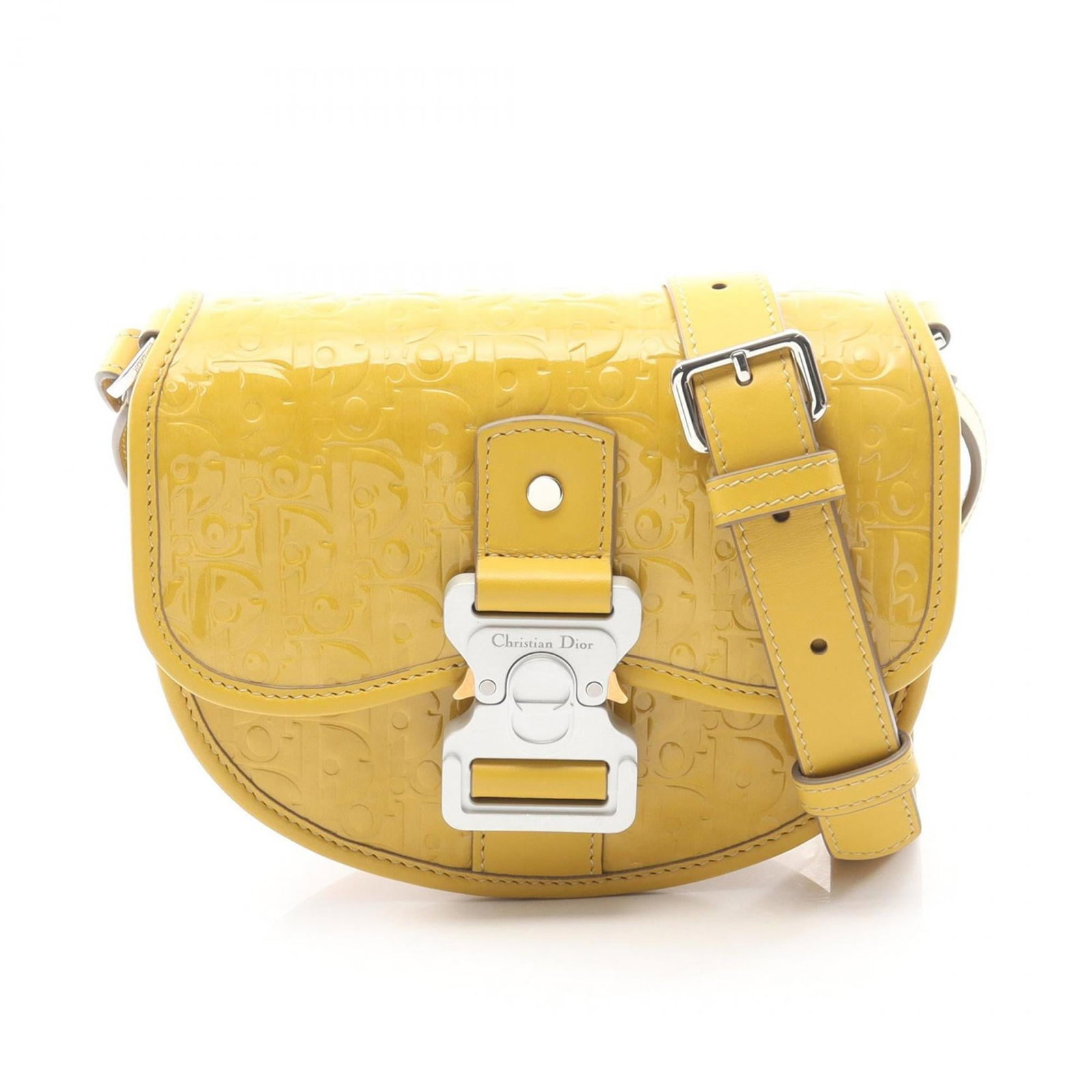 Patent Leather Shoulder Bag Christian Dior: Patent Leather Shoulder Bag Christian Dior Patent leather shoulder bag in a vibrant yellow hue, featuring a sleek and modern design. This Christian Dior bag boasts a compact size, measuring 16cm x
