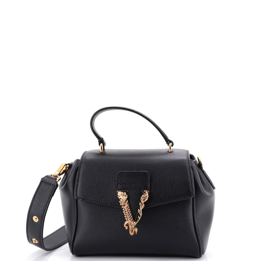 Top Handle Bag Leather Small Versace Virtus: Top Handle Bag Leather Small Versace Virtus Small Versace Virtus Top Handle Bag in Black Leather. This small shoulder bag features a classic design with a top handle and measures 6" tall, 8" wide,