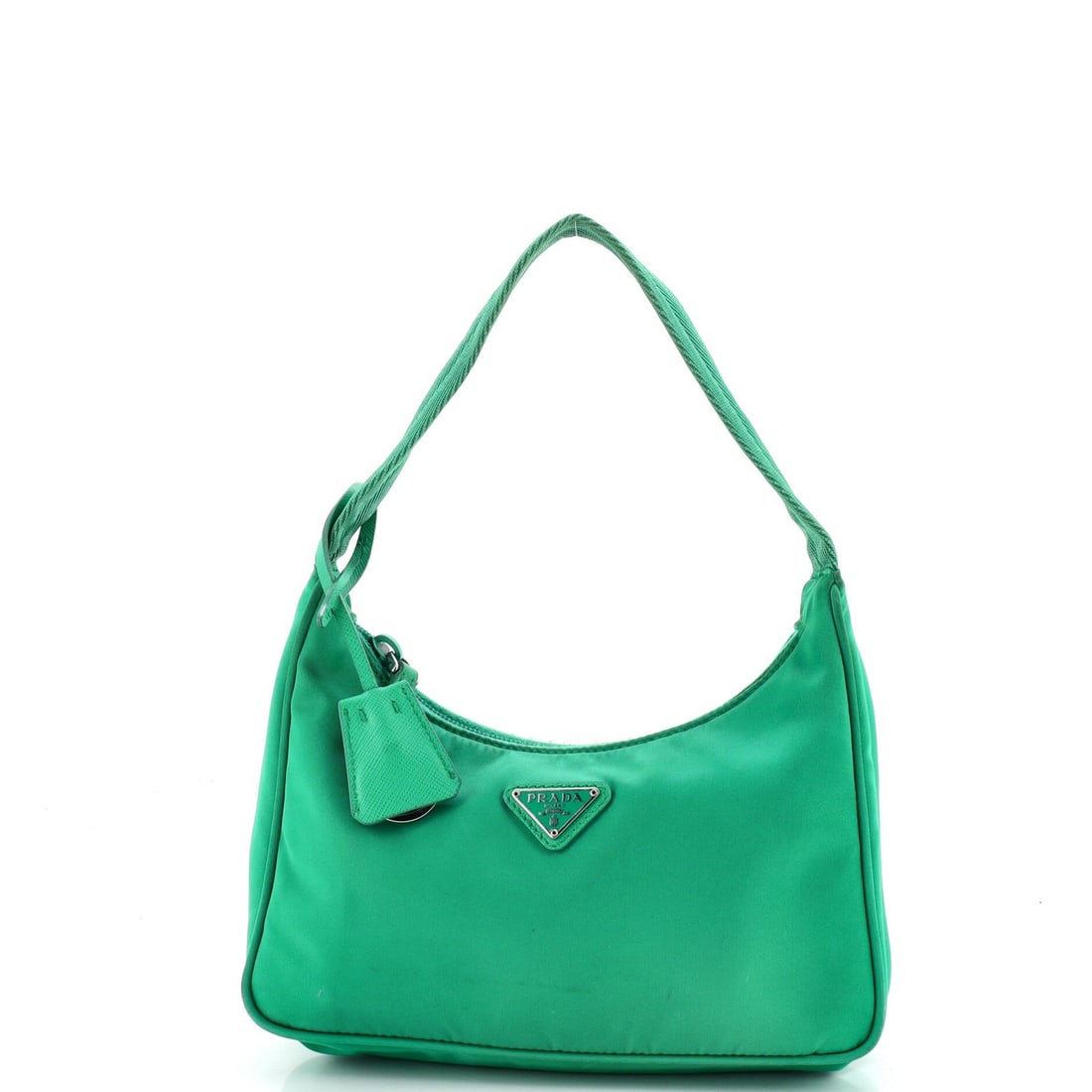 Prada Re-Edition 2000 Hobo Tessuto Mini: Prada Re-Edition 2000 Hobo Tessuto Mini The Prada Re-Edition 2000 Hobo Tessuto Mini boasts a striking green exterior crafted from durable nylon, featuring a unique mini size with a silver-toned strap