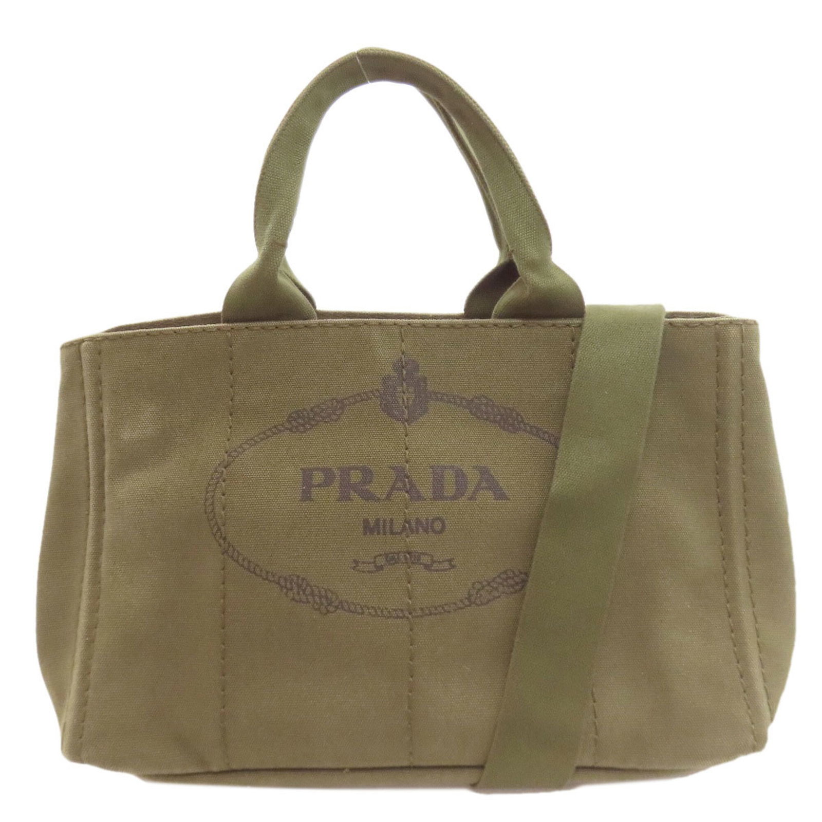 Canvas Prada Tote: Canvas Prada Tote Canvas Prada Tote in Green. This canvas tote bag features a classic design with a sturdy canvas material and a signature green color. With a spacious interior and adjustable straps, 