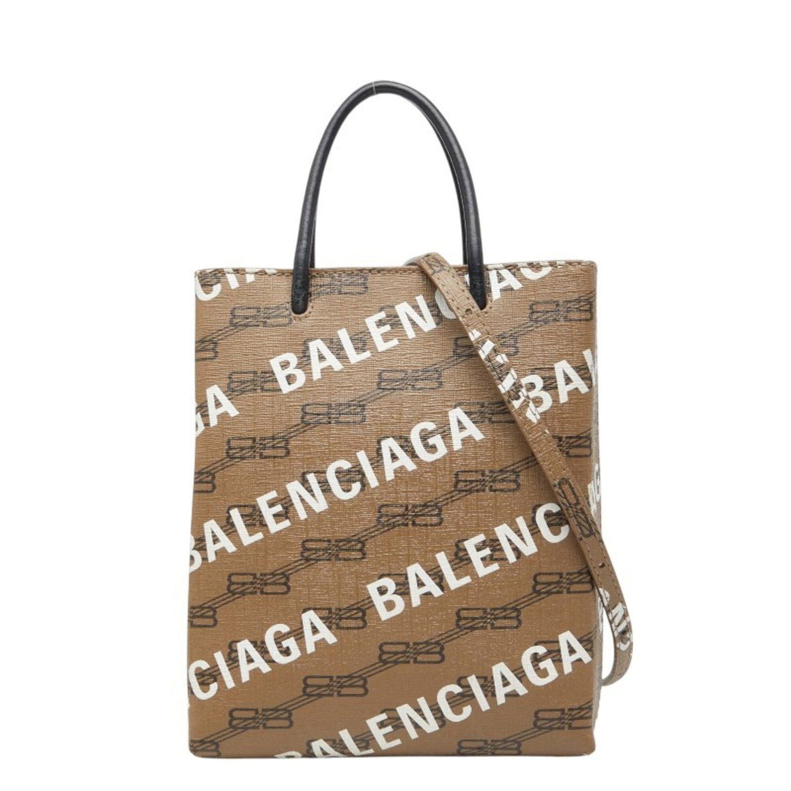 Pvc Leather Shoulder Bag Shopping Handbag: Pvc Leather Shoulder Bag Shopping Handbag Black PVC Leather Shoulder Bag with Brown Accent, 21cm x 17cm x 5.5cm, Magnet Closure. This Balenciaga-style shoulder bag features a striking combination of