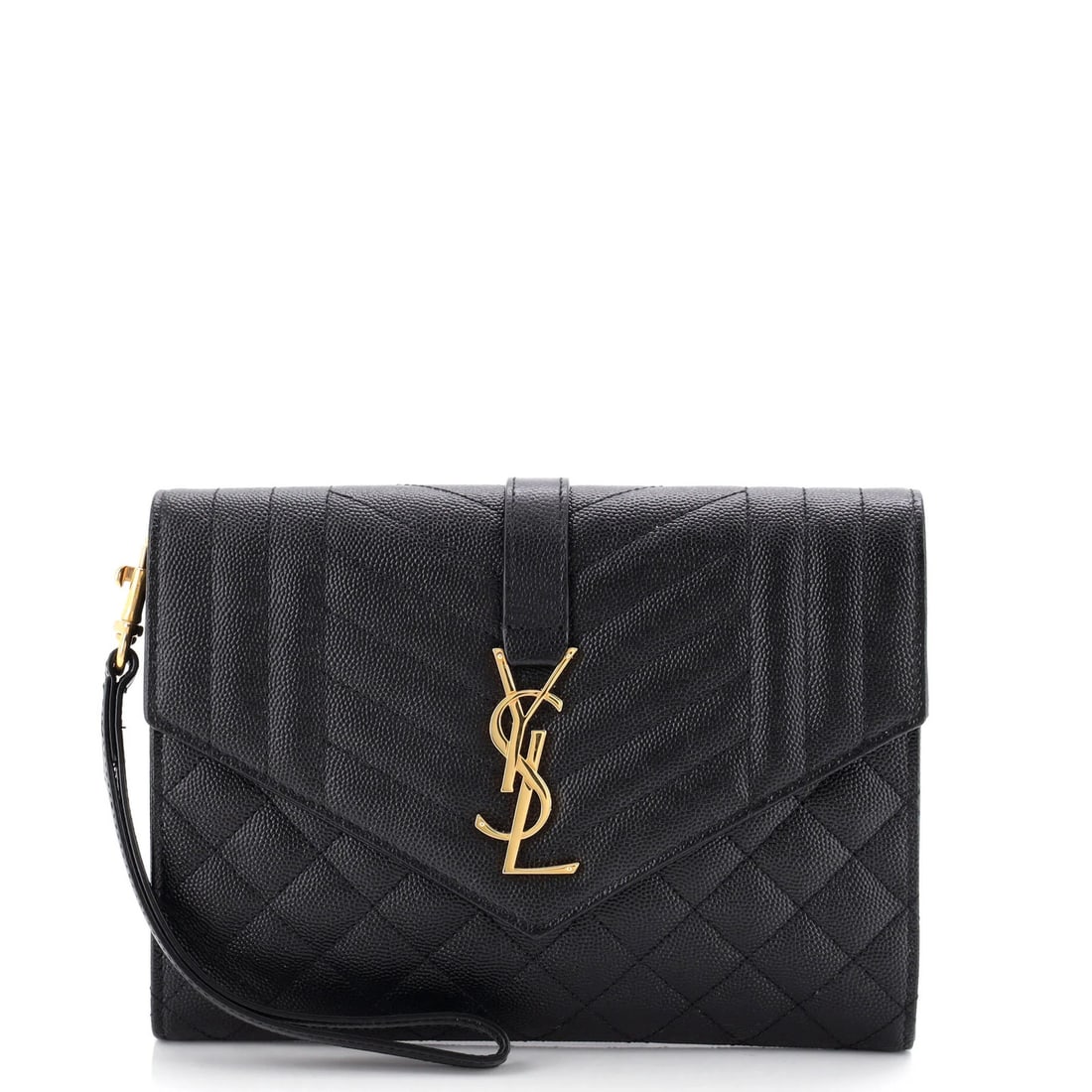 Laurent Saint Classic Monogram Envelope Matelasse Leather Clutch Wristlet: Laurent Saint Classic Monogram Envelope Matelasse Leather Clutch Wristlet Black Matelasse Leather Classic Monogram Envelope Wristlet with gold hardware, featuring a unique envelope-style design and a