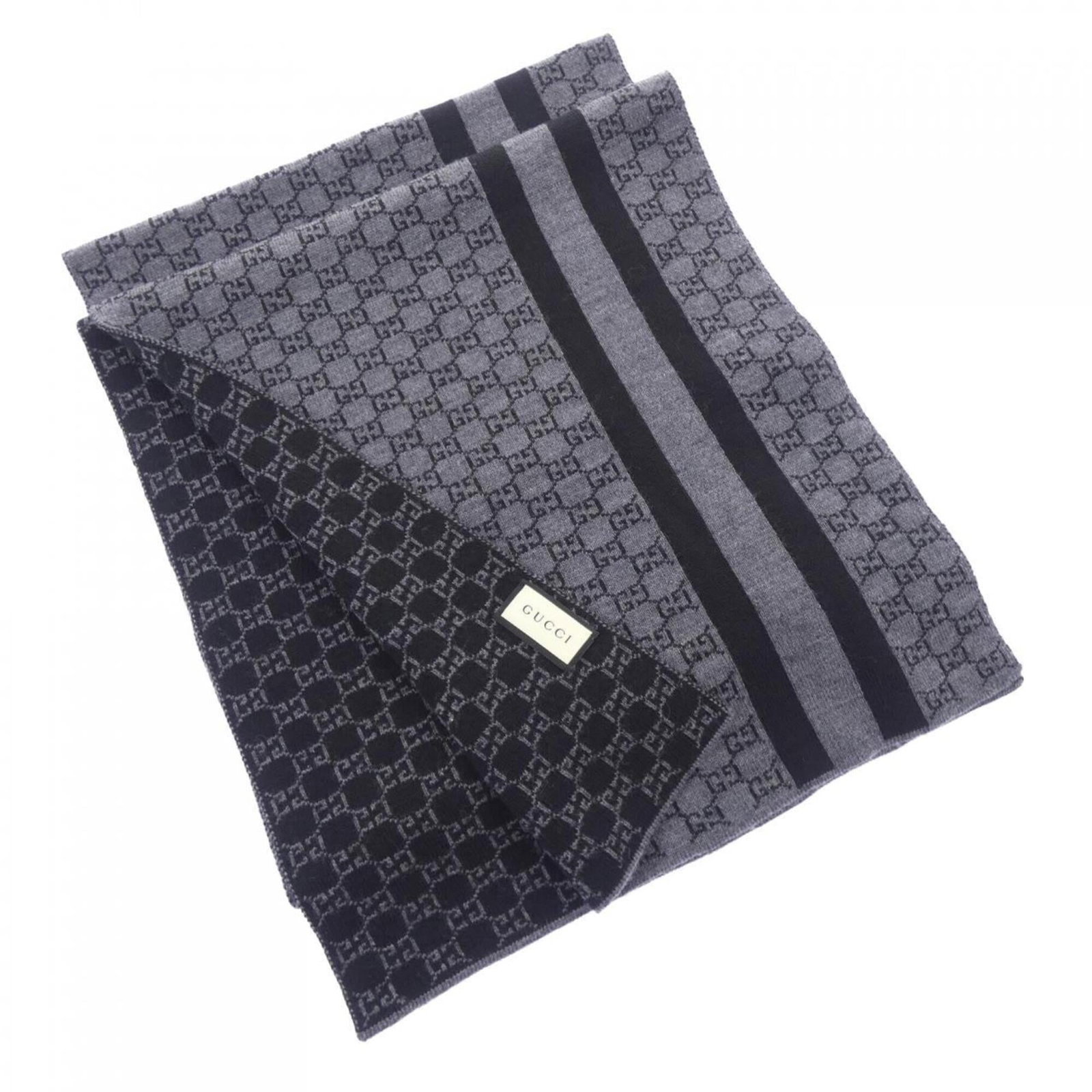 Gucci Stole: Gucci Stole A statement piece, this Gucci stole measures 2.04m x 33cm, offering a striking black and gray color combination. The stole's size is notable, making it a visually imposing accessory. Its s