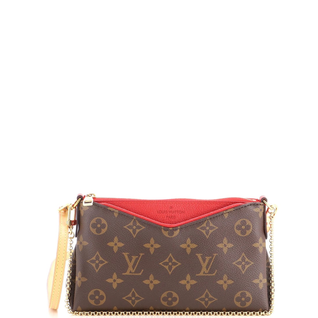 Canvas Monogram Leather Louis Pallas Vuitton Clutch: Canvas Monogram Leather Louis Pallas Vuitton Clutch Canvas Monogram Leather Louis Vuitton Clutch in Red features a classic Pallas design with a bold, red exterior and gold hardware. The clutch boasts