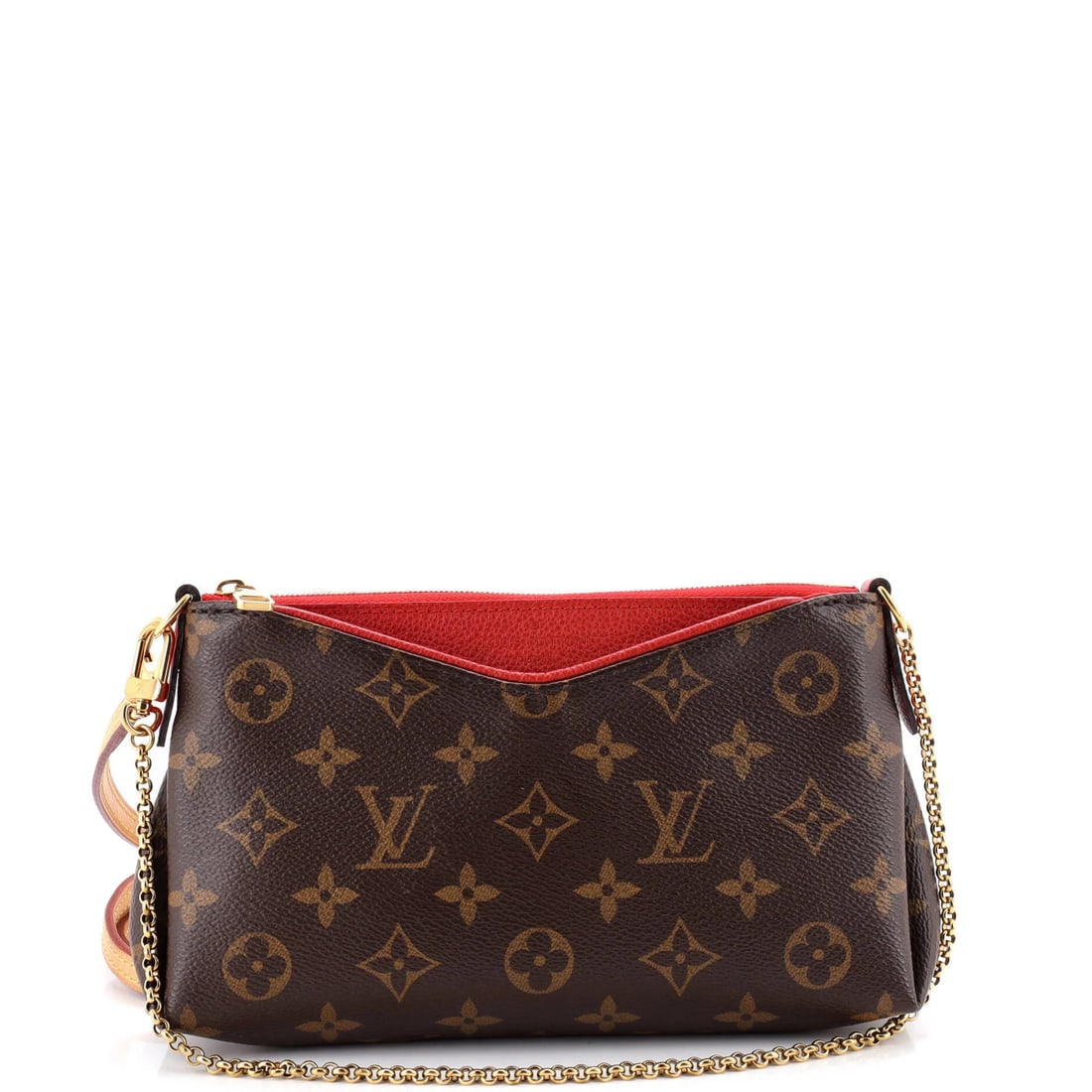 Canvas Monogram Leather Louis Pallas Vuitton Clutch: Canvas Monogram Leather Louis Pallas Vuitton Clutch Canvas Monogram Leather Louis Vuitton Clutch in Red, featuring a classic Pallas design with a canvas-coated leather exterior and gold hardware. The