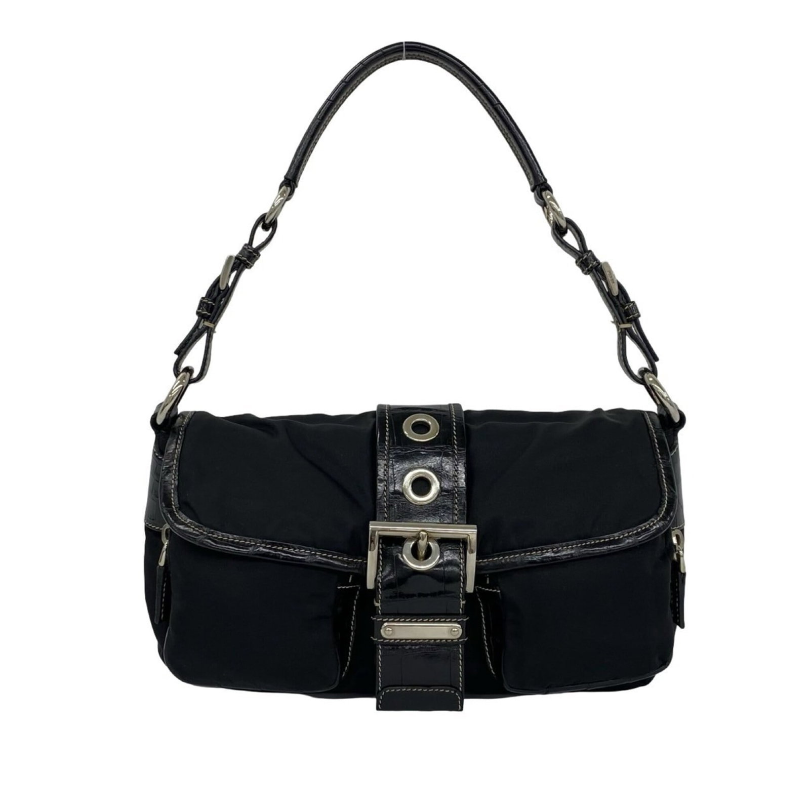Shoulder Bag Nylon Leather Handbag Prada: Shoulder Bag Nylon Leather Handbag Prada Black Prada Shoulder Bag with Leather and Nylon Material, 16.5cm x 27cm x 9cm in Size. This shoulder bag features a combination of leather and nylon