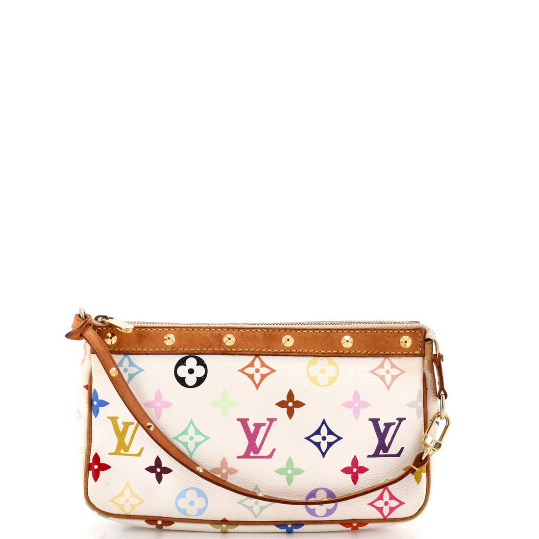 Multicolor Monogram Pochette Louis Vuitton Accessoires: Multicolor Monogram Pochette Louis Vuitton Accessoires White canvas coated Louis Vuitton Pochette Accessoires features a multicolor monogram design, with a gold-toned strap and microfiber burgundy