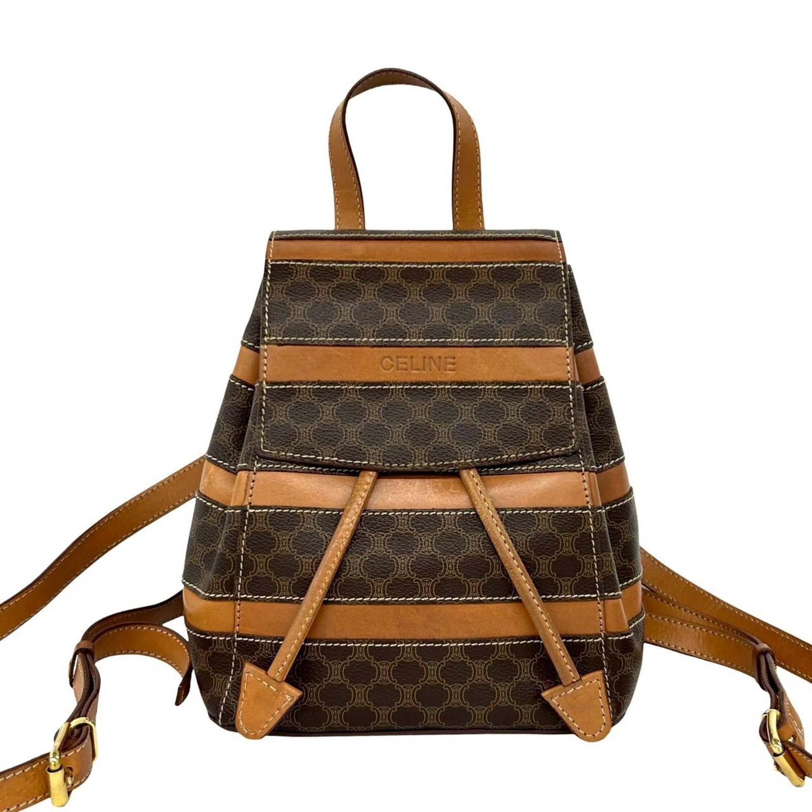 PVC Backpack Leather Celine: PVC Backpack Leather Celine This Celine backpack is crafted from high-quality leather and PVC, offering a durable and stylish design. The brown color and sleek dimensions (23cm x 19cm x 13cm) make it