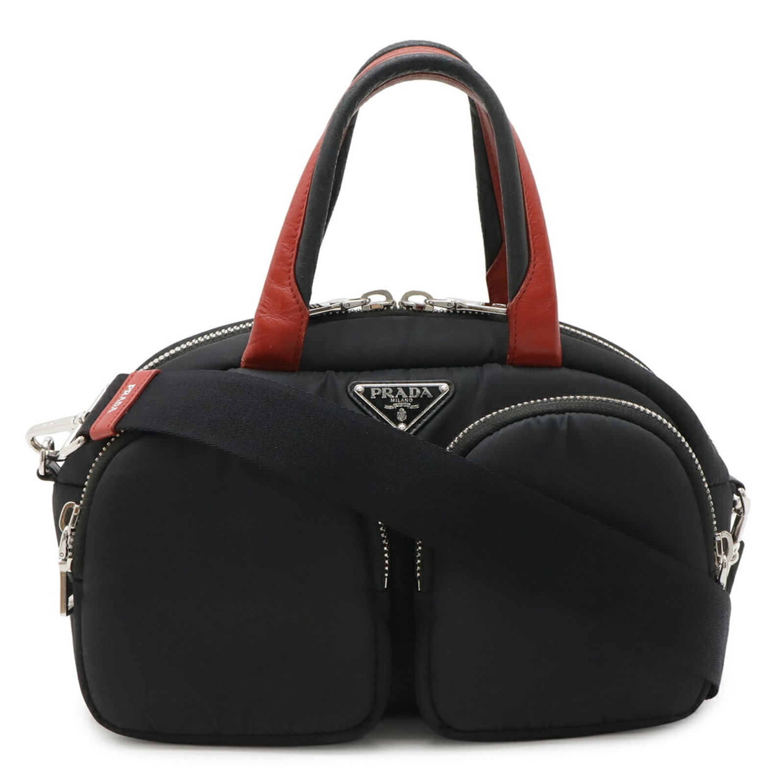 Handbag Nylon Leather Bag Prada Shoulder: Handbag Nylon Leather Bag Prada Shoulder Nylon and leather blend in this sleek Prada shoulder bag, available in black, Fuoco, Nero, and Red colors. Measuring 17.5cm x 29cm x 11cm, it features a