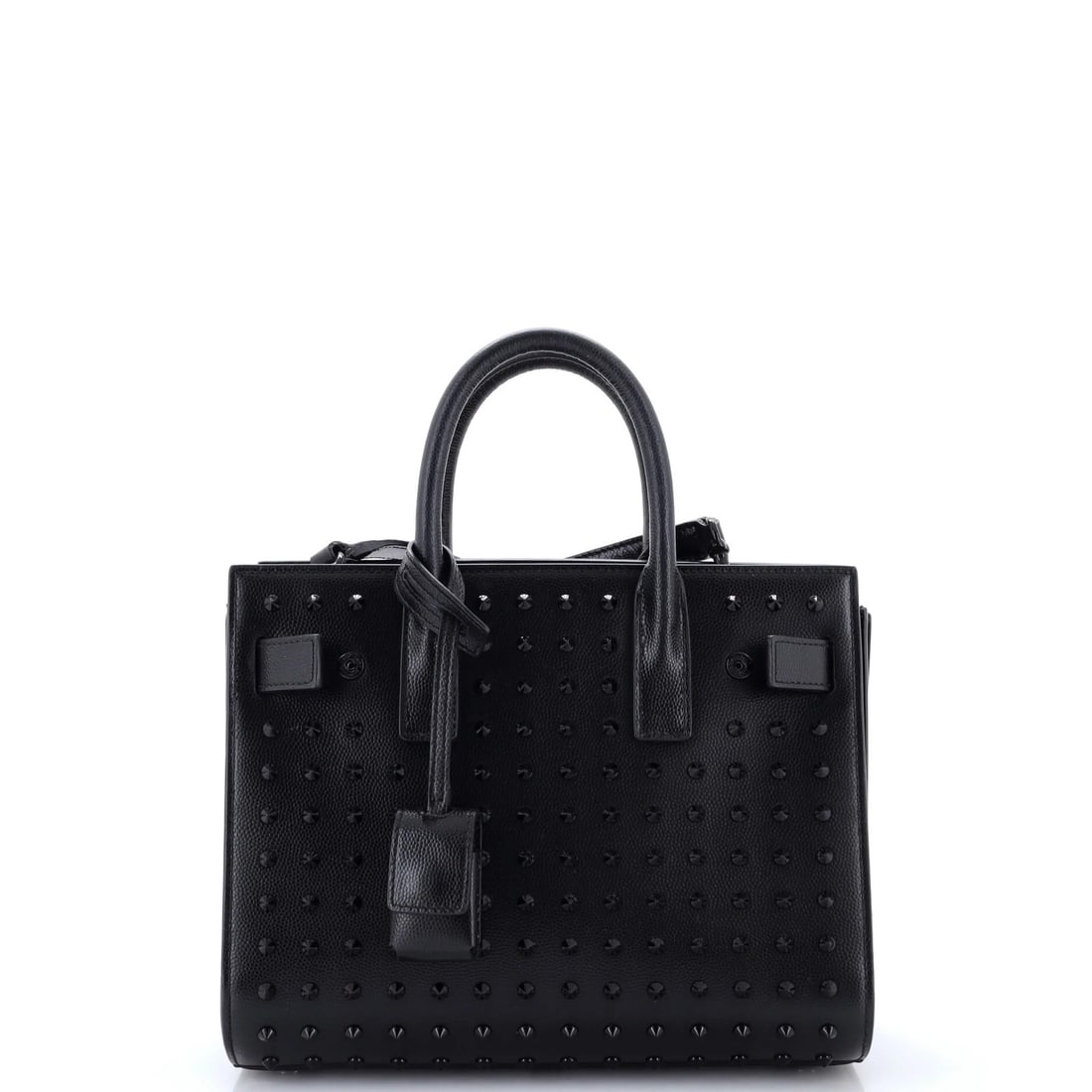 Sac de Jour Bag Studded Leather Nano Saint Laurent: Sac de Jour Bag Studded Leather Nano Saint Laurent Black Sac de Jour Bag Studded Leather Nano from Saint Laurent features a sleek, all-leather design with a subtle studded accent. The bag's compact si