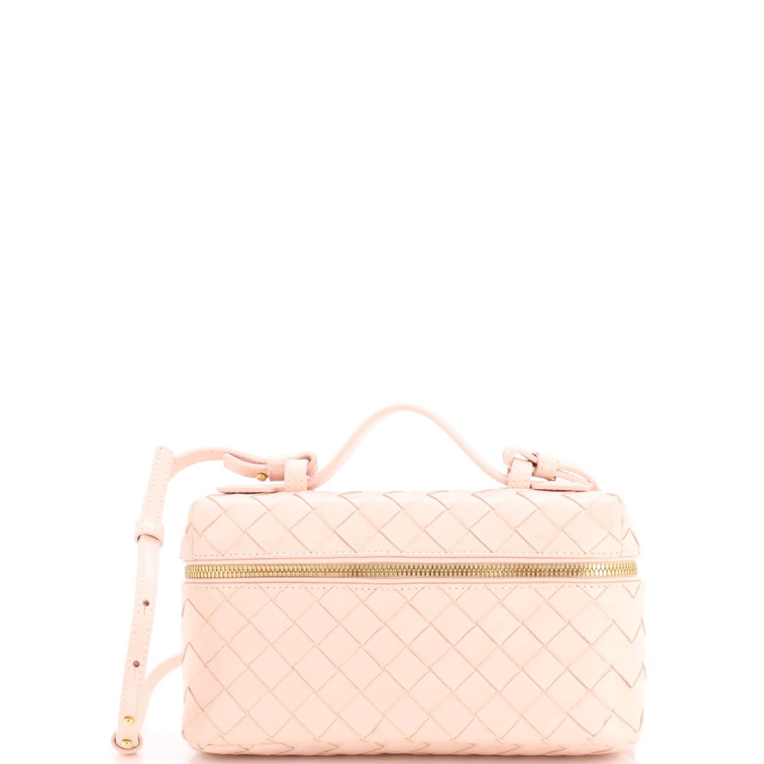 Bottega Veneta Bang Vanity Case Intrecciato Leather: Bottega Veneta Bang Vanity Case Intrecciato Leather Pink Intrecciato Leather Cross Body Bag with Aged Gold Hardware, featuring minor scuffs and creases, and a signature on the interior. The bag measur