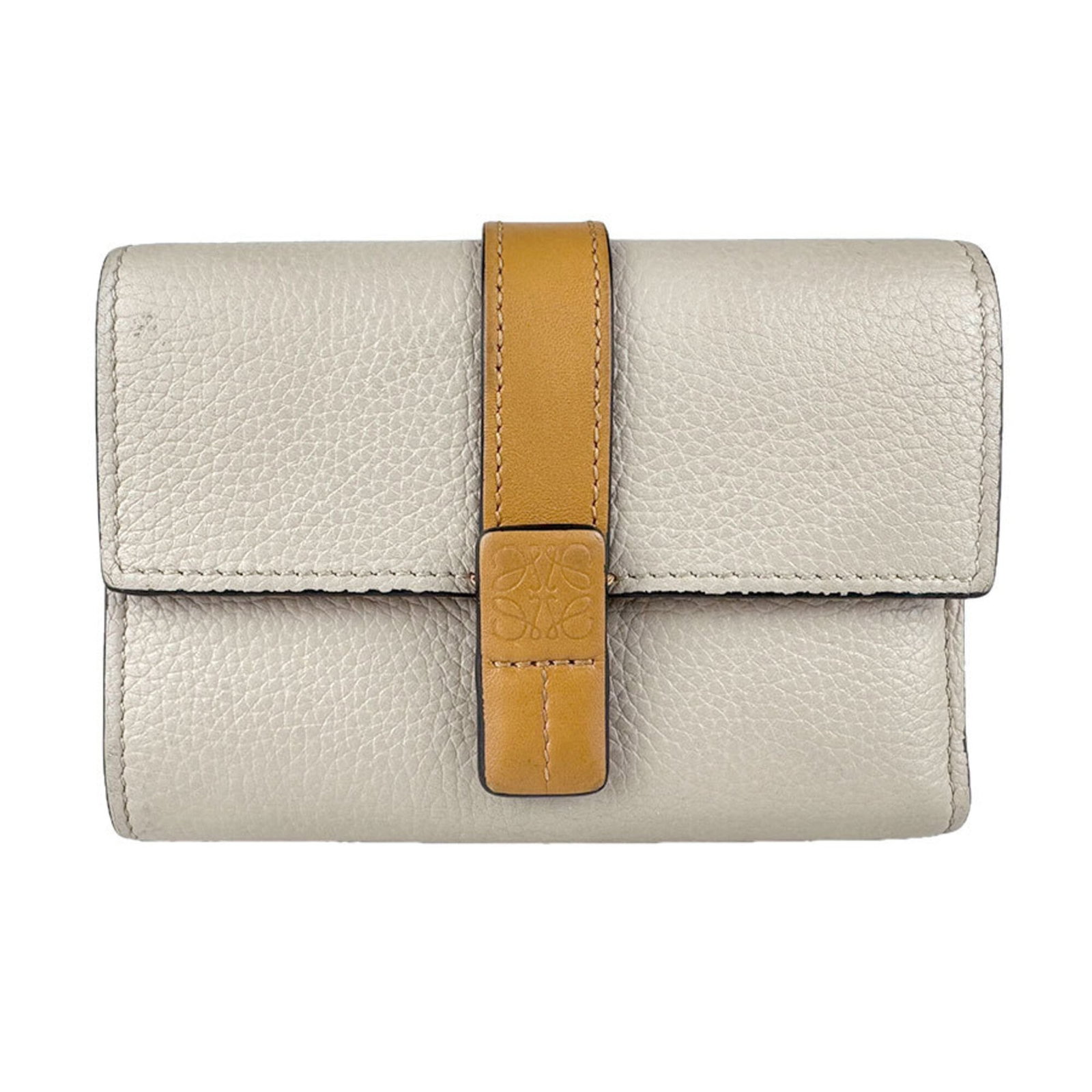 Loewe Wallet (Tri-Fold) Leather: Loewe Wallet (Tri-Fold) Leather Loewe's tri-fold leather wallet is a stylish accessory, featuring a classic design with clean lines and a sophisticated brown, grayish hue. Made from high-quality leath