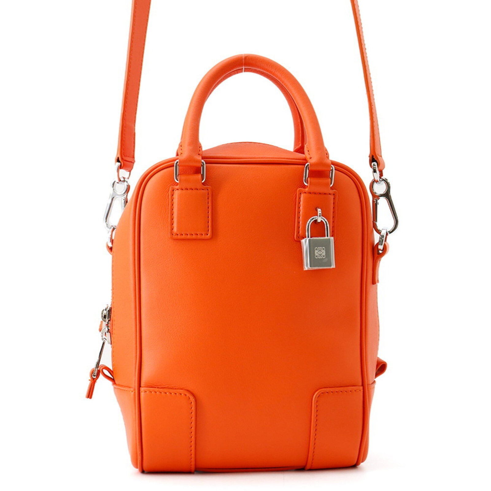 Handbag Leather Handbag: Handbag Leather Handbag The Loewe Amazona handbag features a vibrant orange leather exterior with silver hardware, adding a pop of color to any outfit. With a sturdy zipper closure and adjustable stra