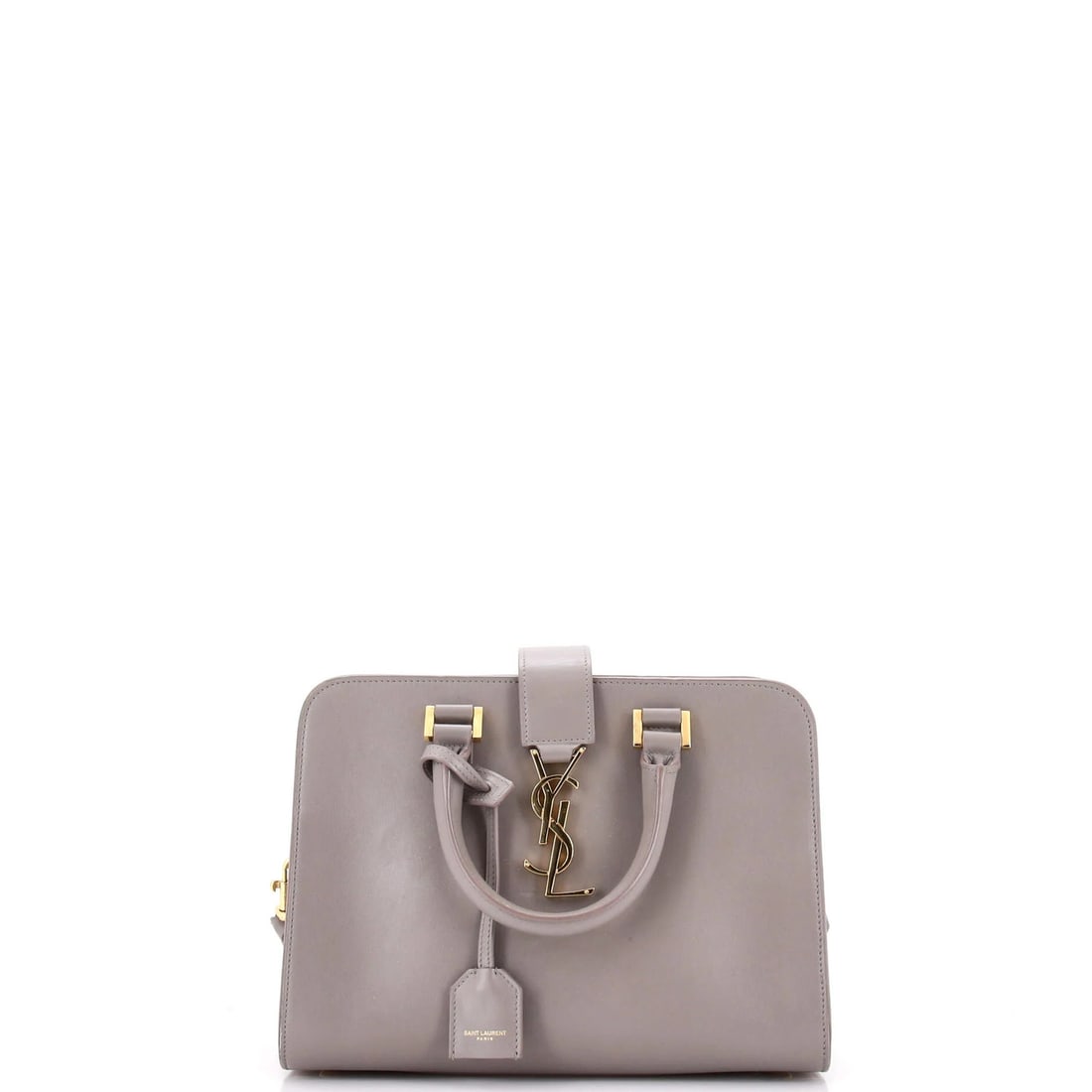 Cabas Leather Monogram Baby Saint: Cabas Leather Monogram Baby Saint This Saint Laurent Cabas Leather Monogram Baby Satchel boasts a sleek, gray exterior with a touch of sophistication. The bag's classic design is complemented by a