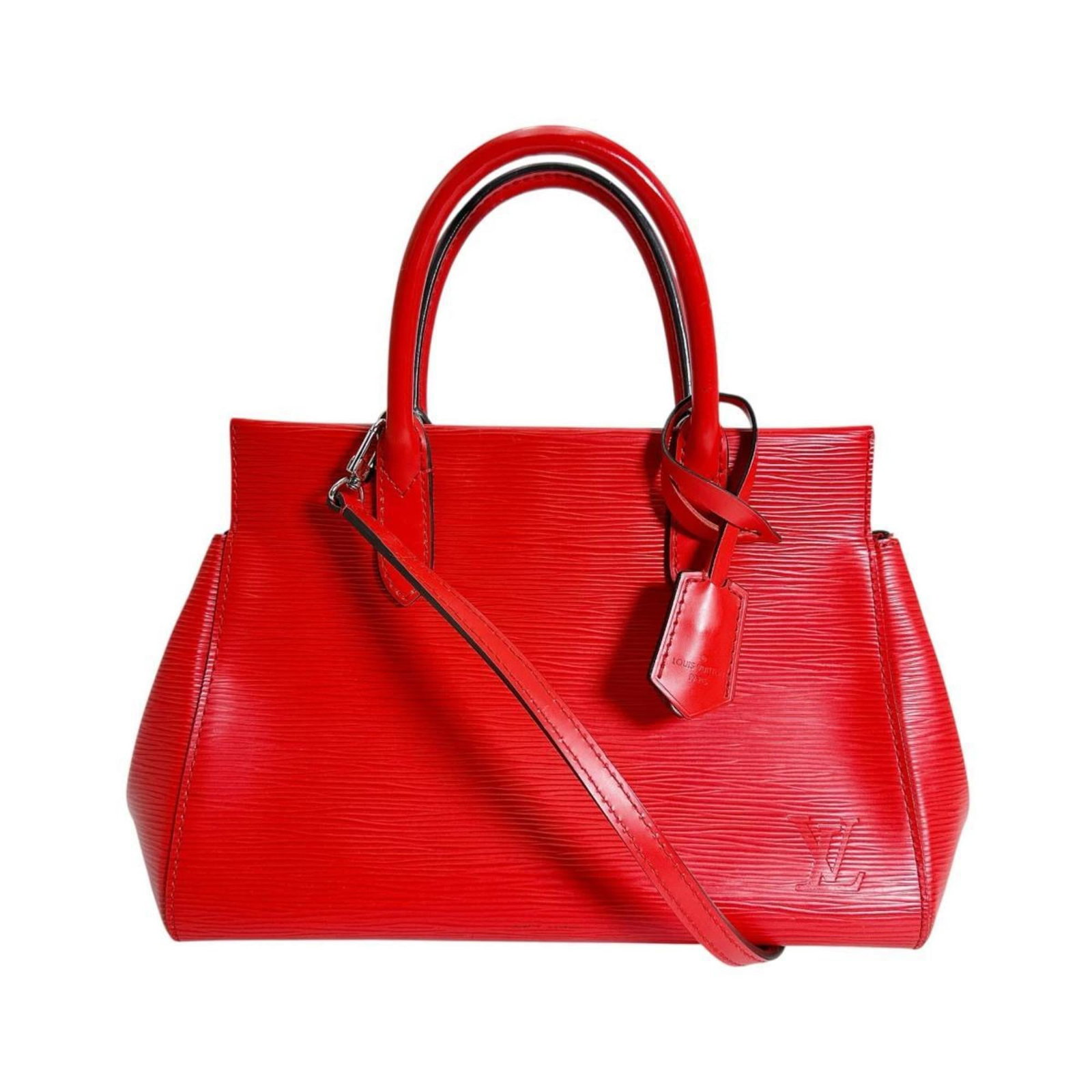 Epi Leather Louis Vuitton Handbag: Epi Leather Louis Vuitton Handbag Epi leather Louis Vuitton handbag in a bold red color, measuring 19cm x 32cm x 12.5cm. This handbag features the iconic Epi leather material, characteristic of Louis