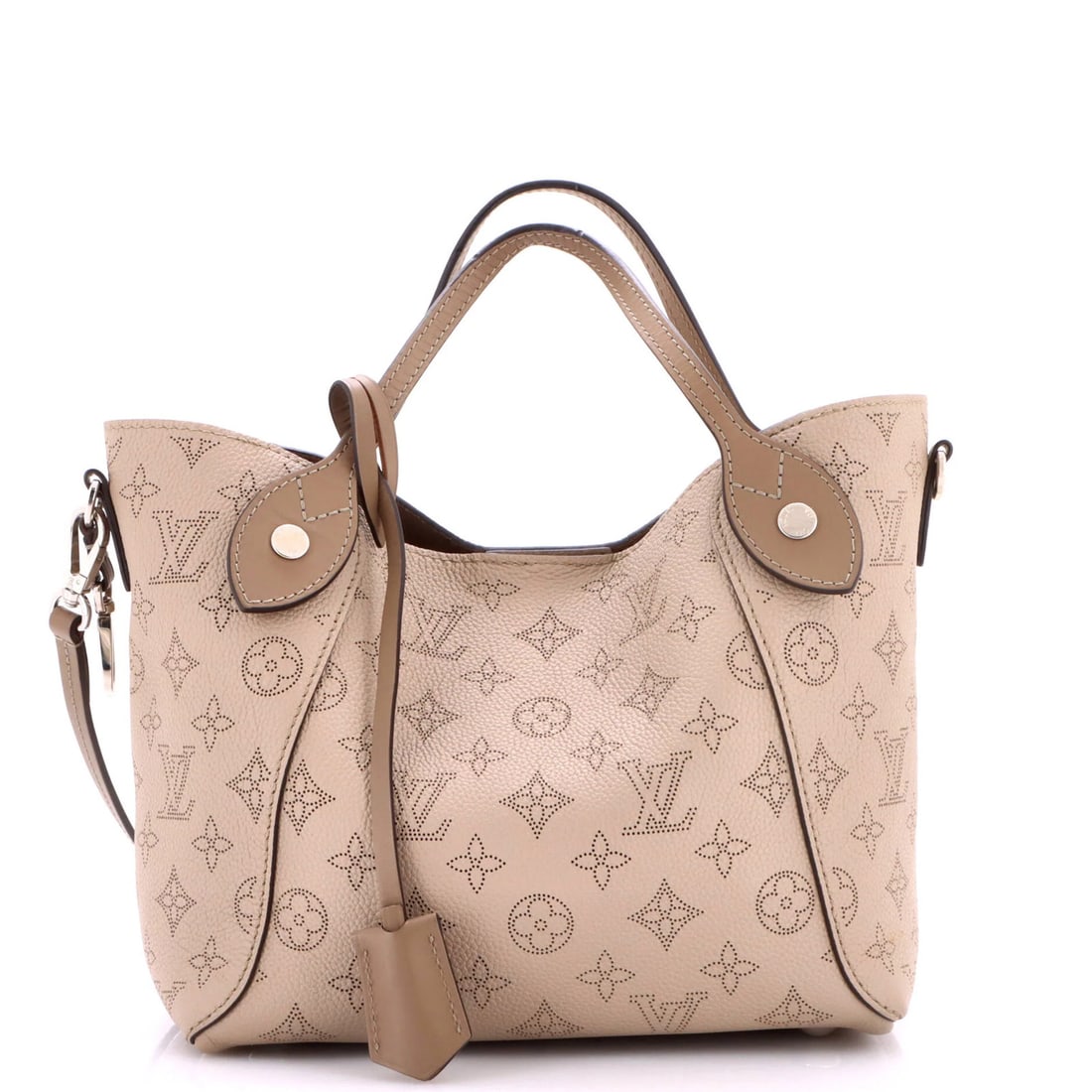 Hina Mahina Leather Louis Vuitton Handbag PM: Hina Mahina Leather Louis Vuitton Handbag PM Gray Hina Mahina Leather PM Shoulder Bag from Louis Vuitton, featuring a classic design with a clochette pochette and adjustable strap. The bag's exterior 