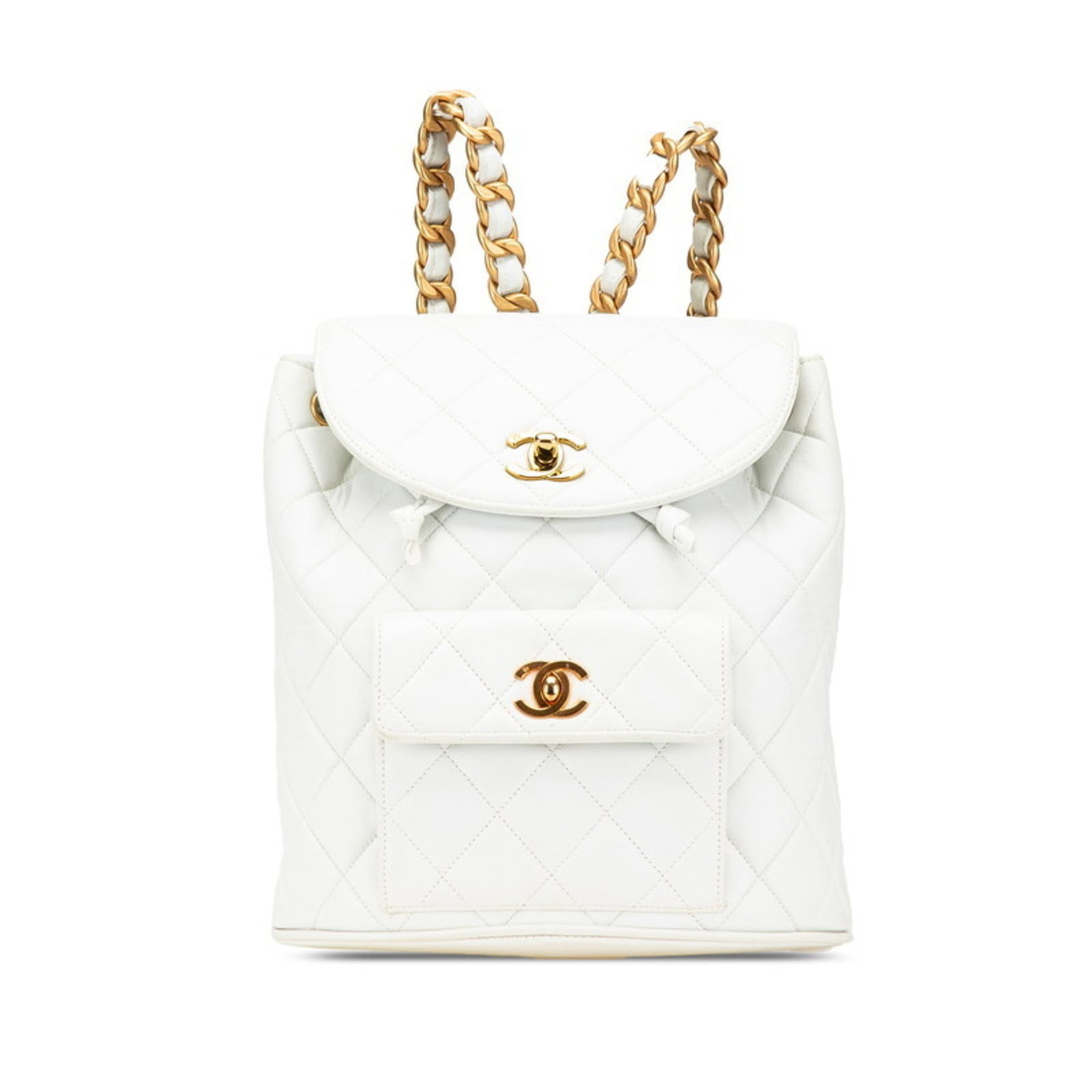 Backpack Leather By Chanel: Backpack Leather By Chanel White Lambskin Backpack by Chanel, 25cm x 21.5cm x 10cm, made from high-quality leather. This classic backpack features a timeless design and elegant white lambskin