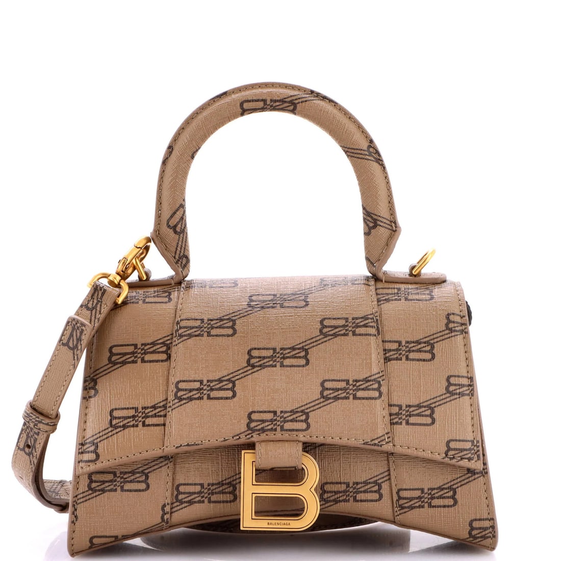 Balenciaga Hourglass Top Handle Bag BB Coated Canvas XS: Balenciaga Hourglass Top Handle Bag BB Coated Canvas XS Balenciaga's Hourglass Top Handle Bag boasts a timeless design with a canvas-coated exterior in rich brown, complemented by supple leather