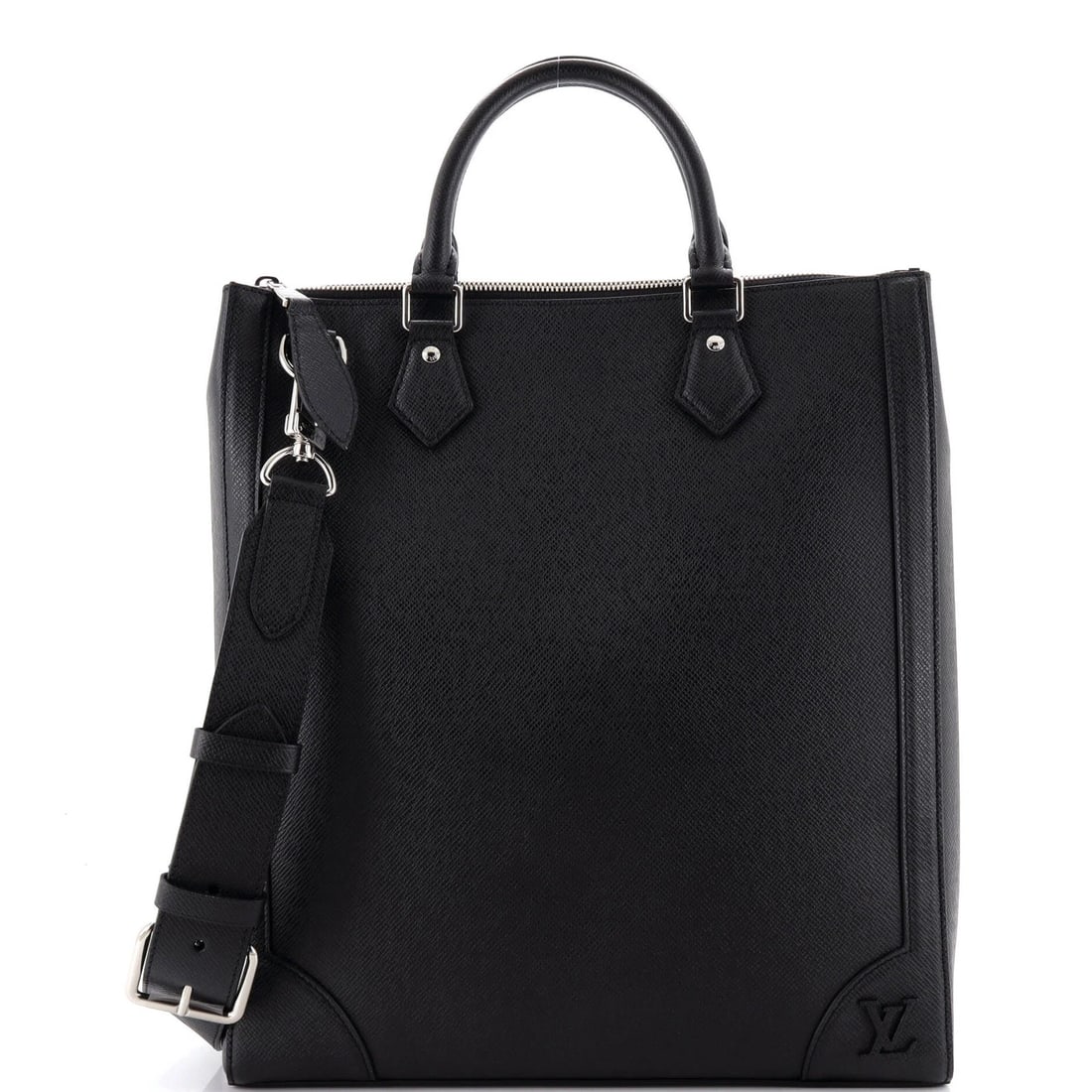 Vertical Tote Taiga Leather Louis: Vertical Tote Taiga Leather Louis Black Louis Vuitton Vertical Tote Taiga Leather bag with silver hardware, featuring a 14" height and 12.5" width, and a 3" depth. The exterior shows signs of wear,