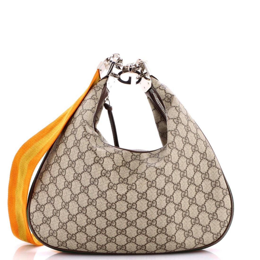 Shoulder Bag Medium Coated Canvas GG Gucci Attache: Shoulder Bag Medium Coated Canvas GG Gucci Attache Medium Coated Canvas GG Gucci Attache Shoulder Bag in Brown, featuring a stylish hobos design with a canvas exterior and neutral interior. Measuring 