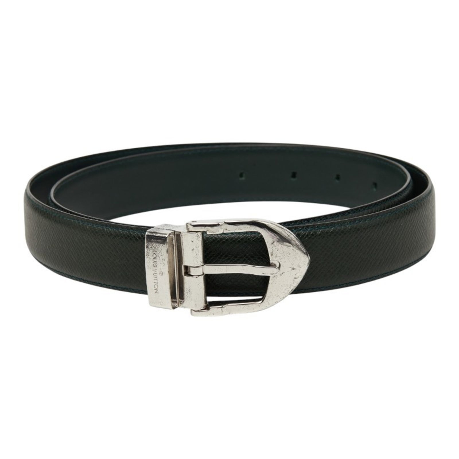 Standard belt by Louis Vuitton: Standard belt by Louis Vuitton Dark green leather with silver accents, this Louis Vuitton standard belt features a classic design with a 96cm-106cm length and 3cm width, available in two sizes. The