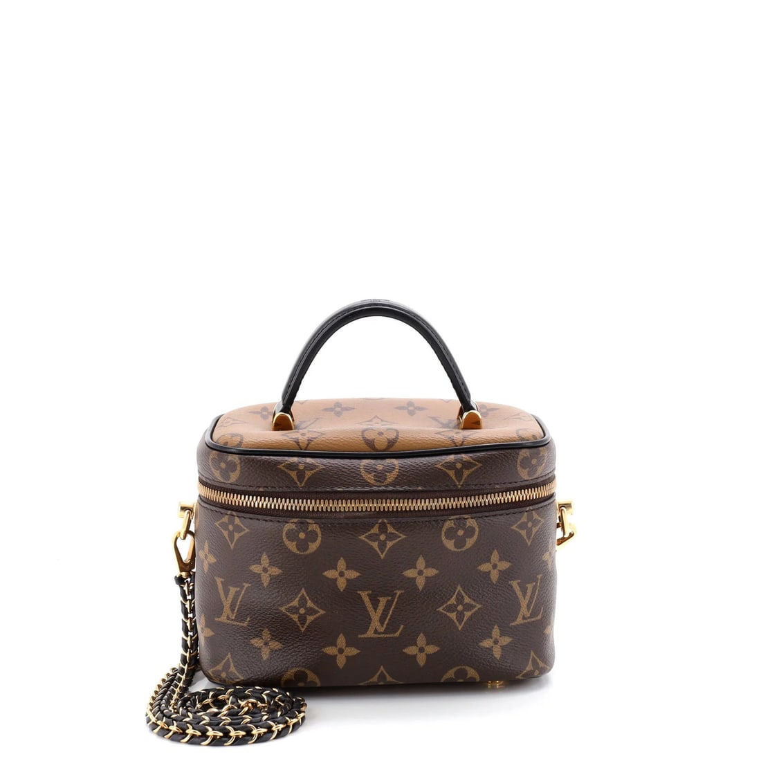 Vanity Handbag Canvas Monogram Reverse Louis Vuitton: Vanity Handbag Canvas Monogram Reverse Louis Vuitton Brown canvas coated Louis Vuitton Vanity Handbag with reverse monogram design, featuring a top handle and gold hardware, measures 5" tall and 8"