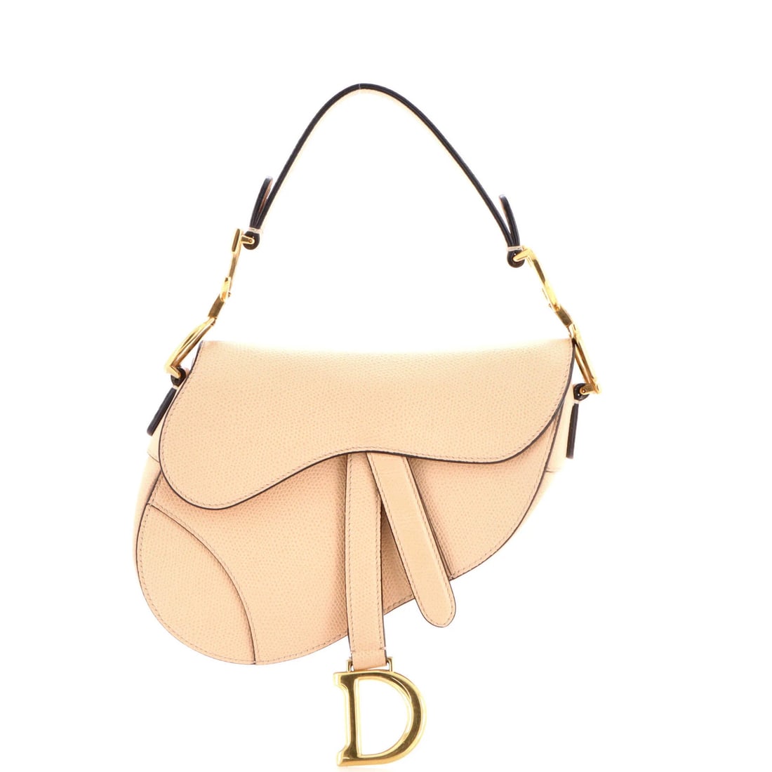 Mini Leather Christian Dior Saddle Handbag: Mini Leather Christian Dior Saddle Handbag Mini Leather Christian Dior Saddle Handbag in neutral exterior color, featuring a classic saddle style with a 5" handle drop and aged gold hardware. The bag'