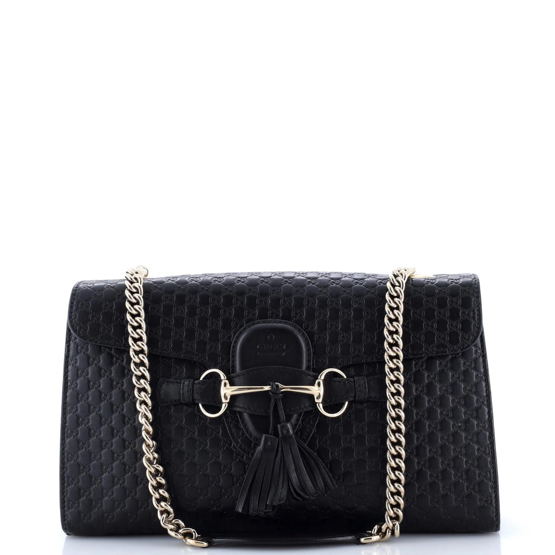 Microguccissima Medium Leather Flap Chain Gucci Emily Bag: Microguccissima Medium Leather Flap Chain Gucci Emily Bag Black Microguccissima leather medium chain flap bag from Gucci, featuring a neutral interior and gold tone hardware. The bag has a medium