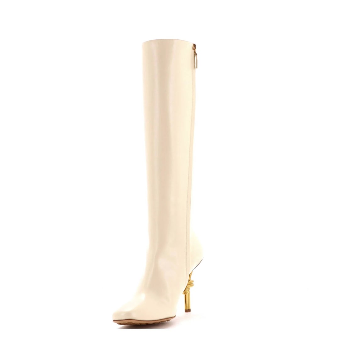 Knot High Leather Knee Boots Women's: Knot High Leather Knee Boots Women's Neutral-colored leather knee-high boots with a gold hardware finish, featuring a pristine condition with minor creases throughout. Made from high-quality leather,