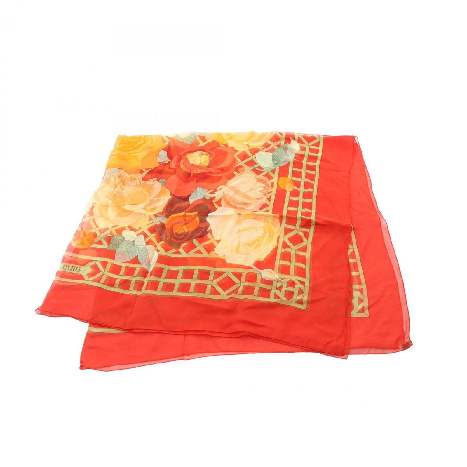 Silk Hermes Scarf: Silk Hermes Scarf Silk from the renowned French fashion house, this Hermes scarf boasts a vibrant multi-color design and striking red accents, making it a statement piece for any wardrobe. Measuring 1