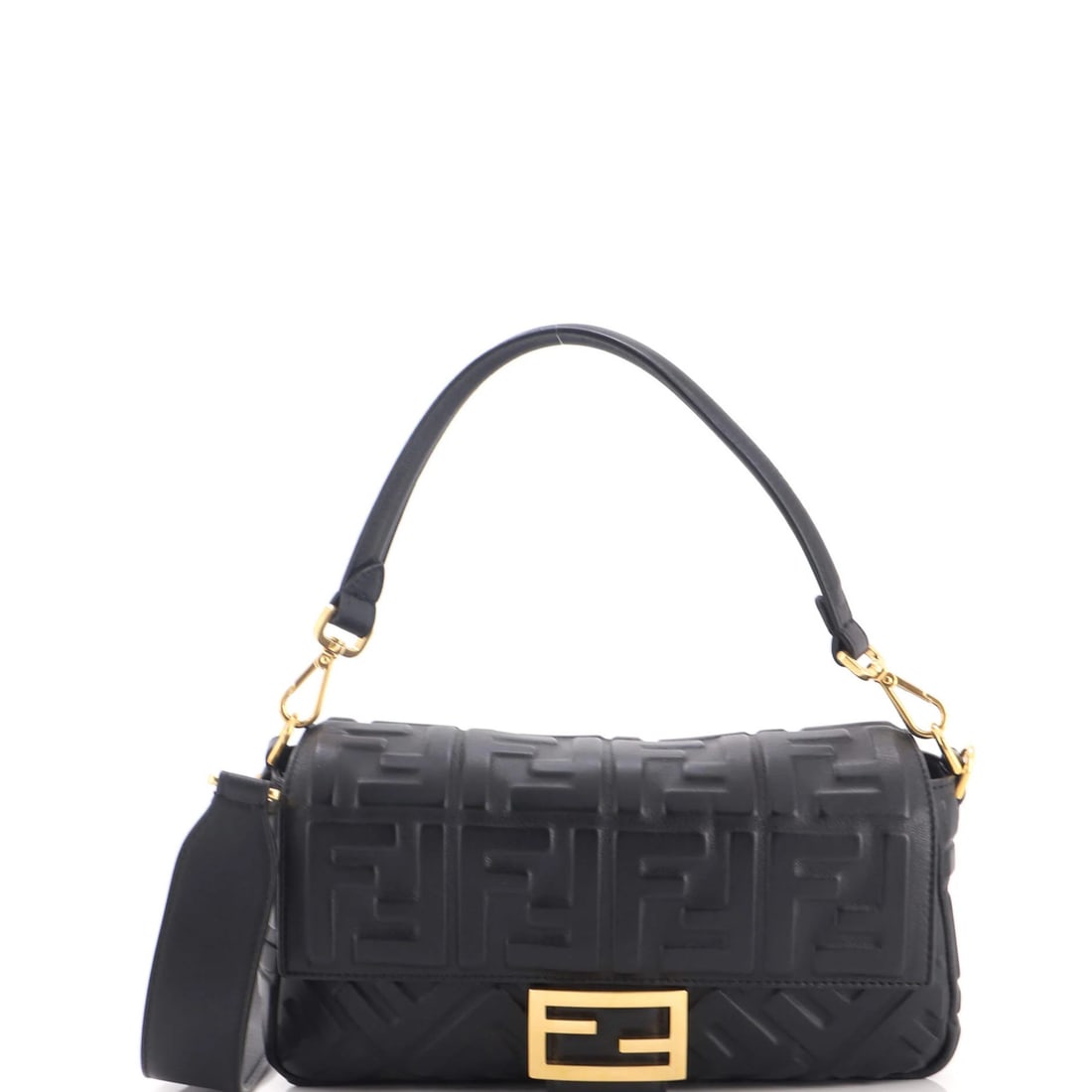 Fendi Baguette Medium NM Zucca Embossed Leather Bag: Fendi Baguette Medium NM Zucca Embossed Leather Bag Black Fendi Baguette Medium Zucca Embossed Leather Cross Body Bag with excellent condition, featuring minor creases on the exterior,