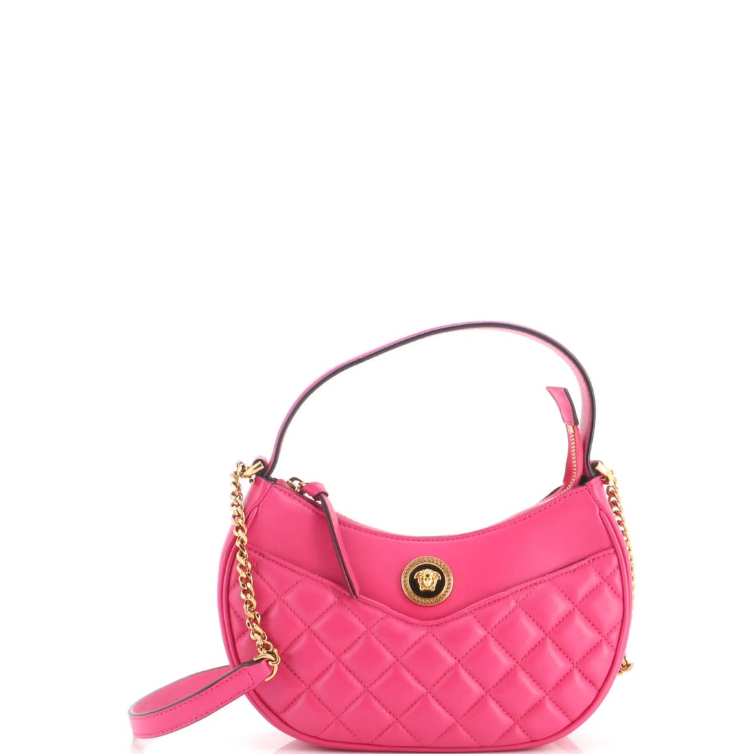 Medusa Half Moon Quilted Versace Bag: Medusa Half Moon Quilted Versace Bag Pink quilted leather exterior, gold hardware, and a signature make this Medusa Half Moon Versace bag a standout. Measuring 5.5" tall, 9" wide, and 3" deep, it