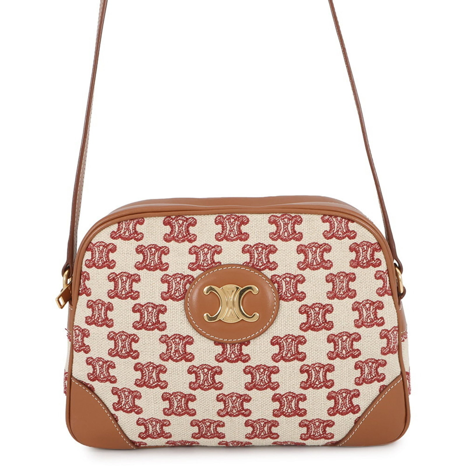 Shoulder Bag Canvas Leather Handbag: Shoulder Bag Canvas Leather Handbag Canvas, leather, and gold hardware come together in this sleek shoulder bag from Celine, crafted in Italy. The bag's neutral brown and red color options add versati