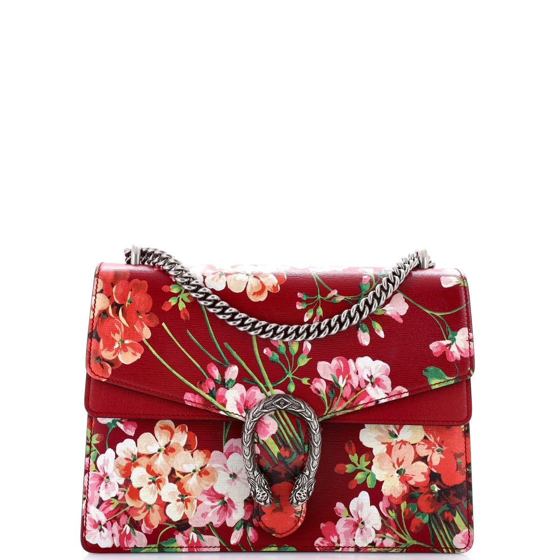 Print Leather Bag Blooms Medium Gucci Dionysus: Print Leather Bag Blooms Medium Gucci Dionysus Burgundy leather blooms beautifully on this medium-sized Gucci Dionysus shoulder bag. Minor creases, cracking, and edge wear on the exterior are balanced