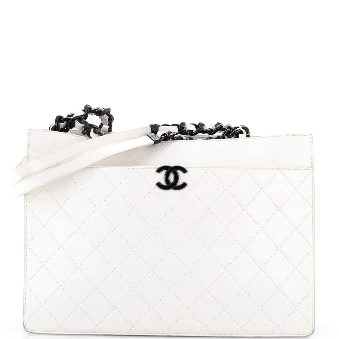 Everything My Large Caviar Tote Quilted Chanel: Everything My Large Caviar Tote Quilted Chanel White quilted caviar leather Chanel large tote with black hardware, measuring 10" handle drop, 10" height, 14.5" width, and 4" depth. This large tote fea