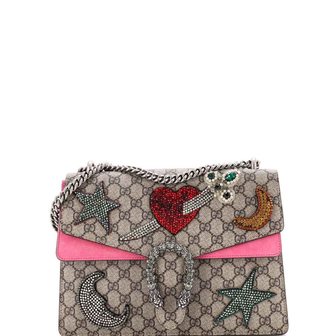 Embellished GG Coated Canvas Gucci Dionysus Bag Medium: Embellished GG Coated Canvas Gucci Dionysus Bag Medium The Gucci Dionysus Bag Medium boasts a striking embellished GG Coated Canvas exterior in a unique pink hue, complemented by a rich brown and red 