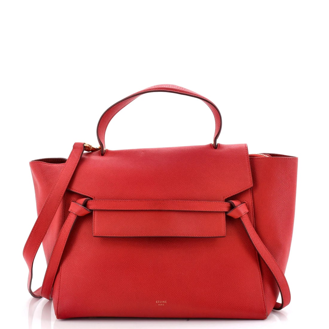 Textured Leather Belt Bag Celine Micro: Textured Leather Belt Bag Celine Micro The Celine Micro Textured Leather Belt Bag boasts a striking red exterior with subtle edge wear and minor scuffs, adding a touch of understated sophistication.