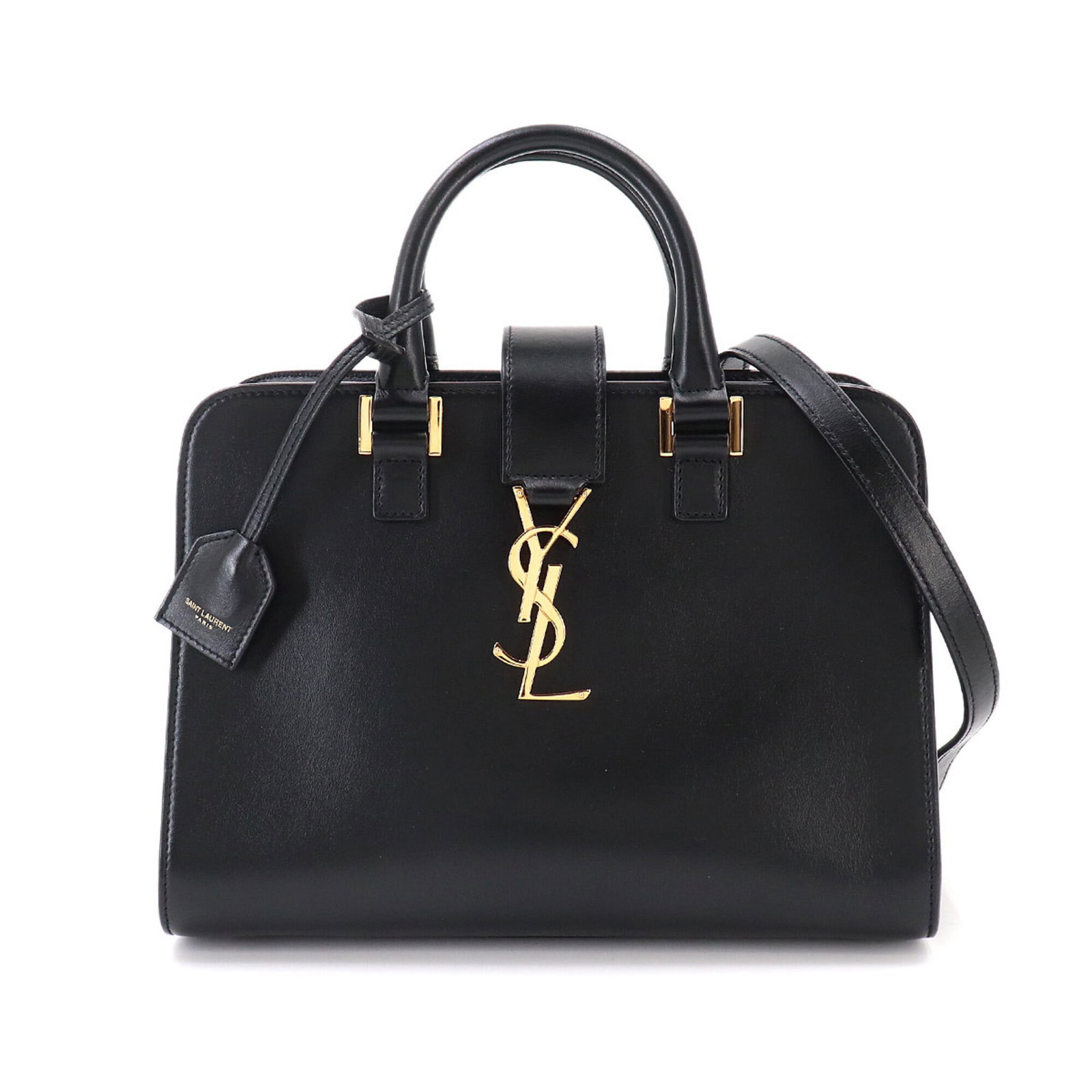 Handbag Saint Laurent Leather: Handbag Saint Laurent Leather Black Saint Laurent leather handbag with gold hardware, featuring an open pocket and measuring 19cm x 26cm x 12.5cm. The bag's sleek design is complemented by its
