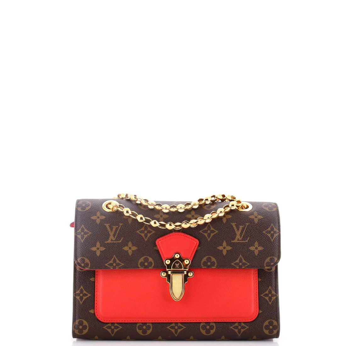 Canvas Leather Monogram Handbag Victoire Louis Vuitton: Canvas Leather Monogram Handbag Victoire Louis Vuitton Canvas Leather Monogram Handbag Victoire Louis Vuitton features a striking red exterior with brown and red accents, showcasing the iconic