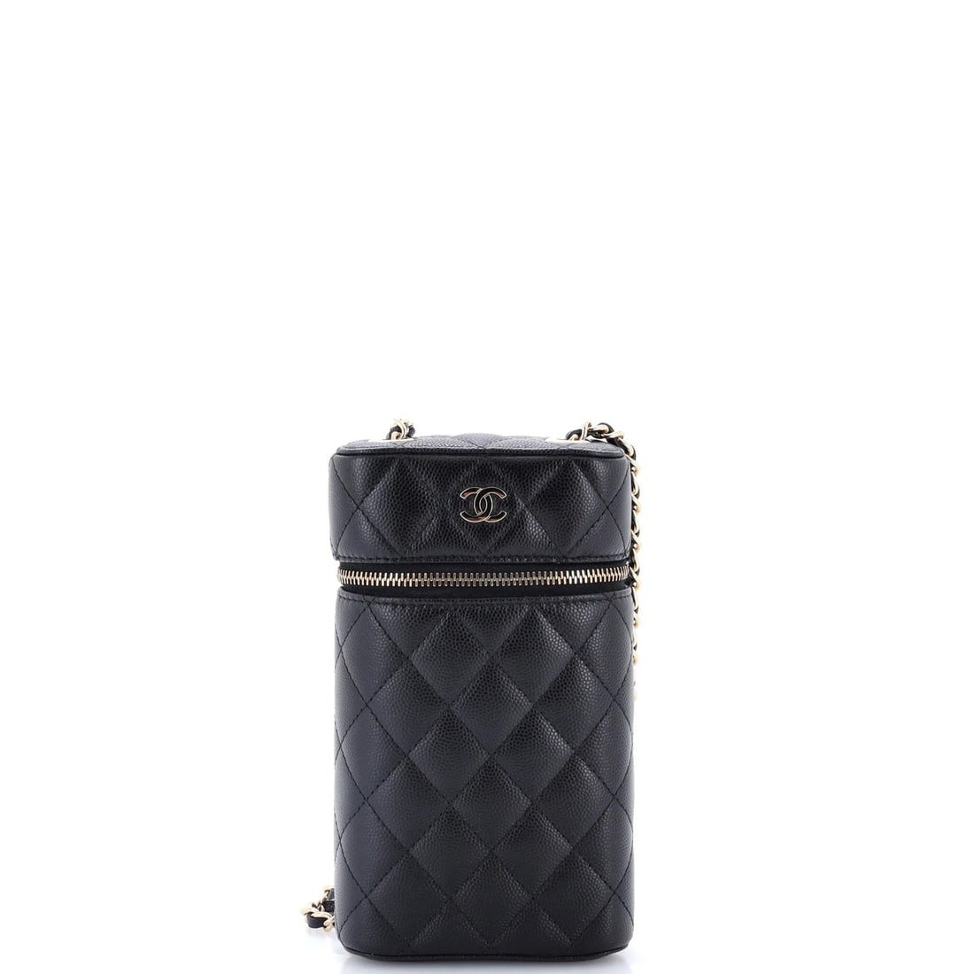 Classic Chanel Phone Holder Caviar Quilted Chain Vanity: Classic Chanel Phone Holder Caviar Quilted Chain Vanity This exquisite Chanel phone holder boasts a sleek black leather exterior adorned with a quilted chain design, reminiscent of the iconic Caviar