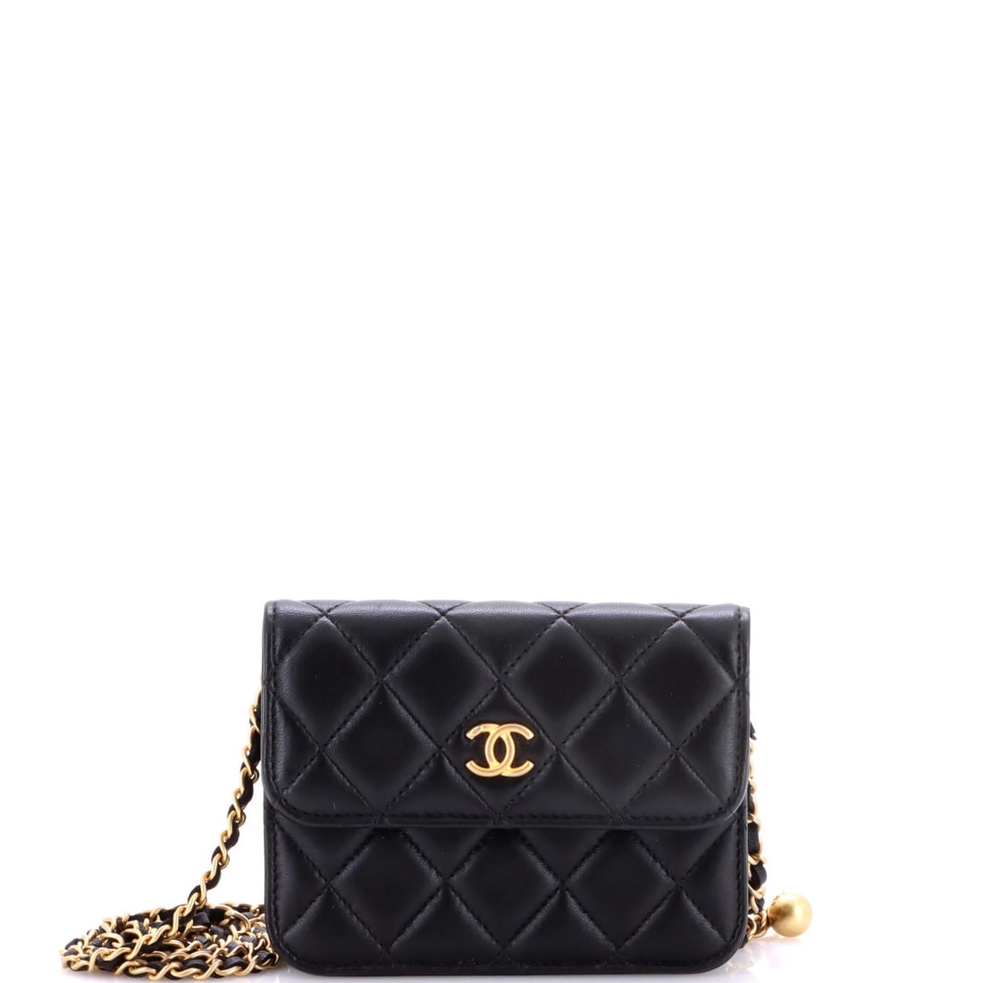 Pearl Crush Flap Clutch with Chain Quilted Lambskin: Pearl Crush Flap Clutch with Chain Quilted Lambskin The Pearl Crush Flap Clutch with Chain Quilted Lambskin is a stylish mini cross-body bag featuring black leather exterior and neutral interior. Its