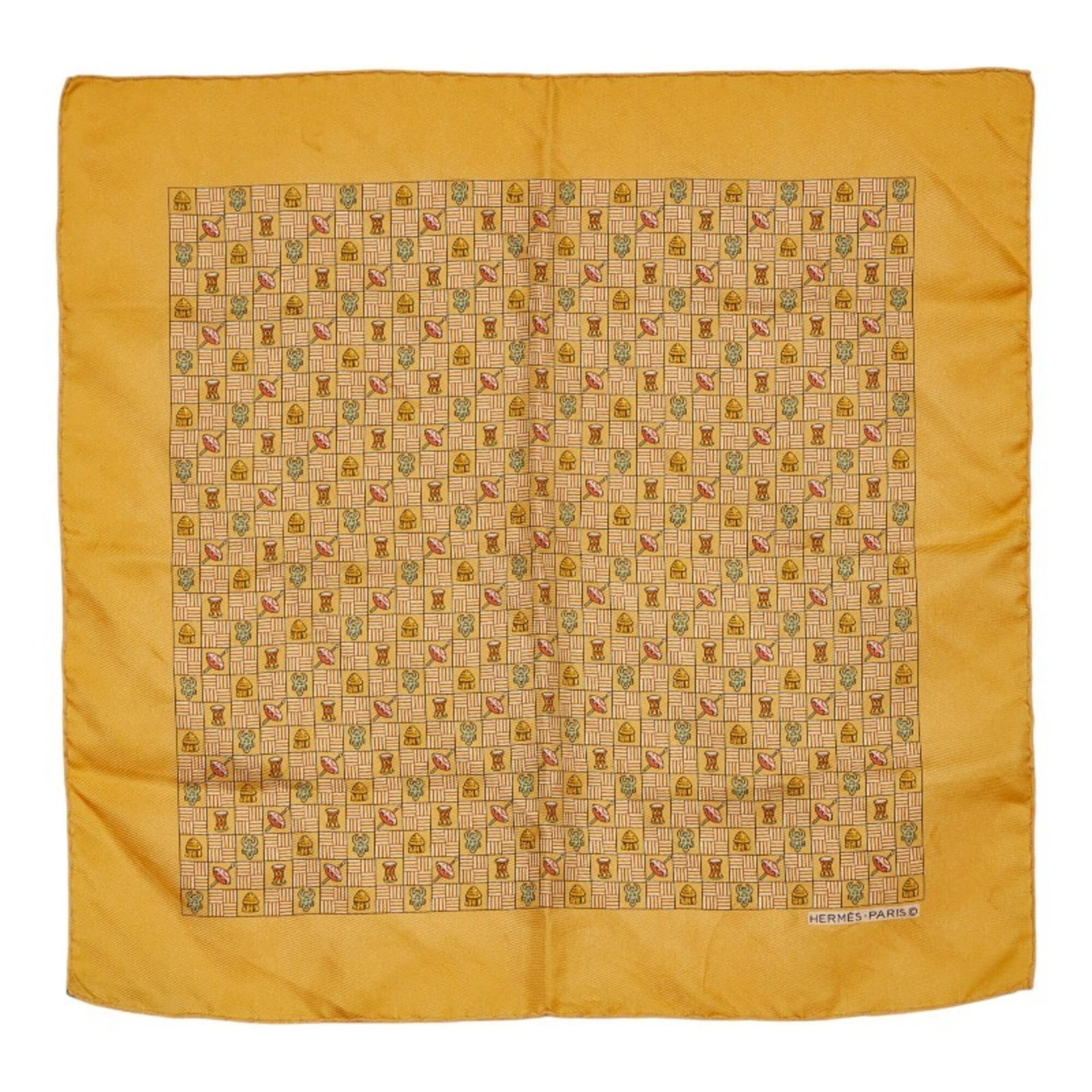 Hermes Silk Handkerchief: Hermes Silk Handkerchief Silk handkerchief from renowned luxury brand Hermes, featuring a vibrant multi-color design with a prominent yellow hue. Made from high-quality silk, this 42cm x 43cm