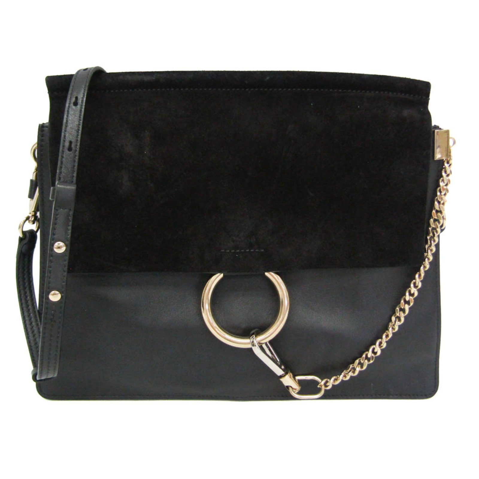 Shoulder Bag Leather Suede Chlo: Shoulder Bag Leather Suede Chlo Black leather and suede shoulder bag with magnetic snap closure and zipper pocket. Measuring 25cm x 31.5cm x 2cm, this medium-sized bag features a 79cm - 93cm